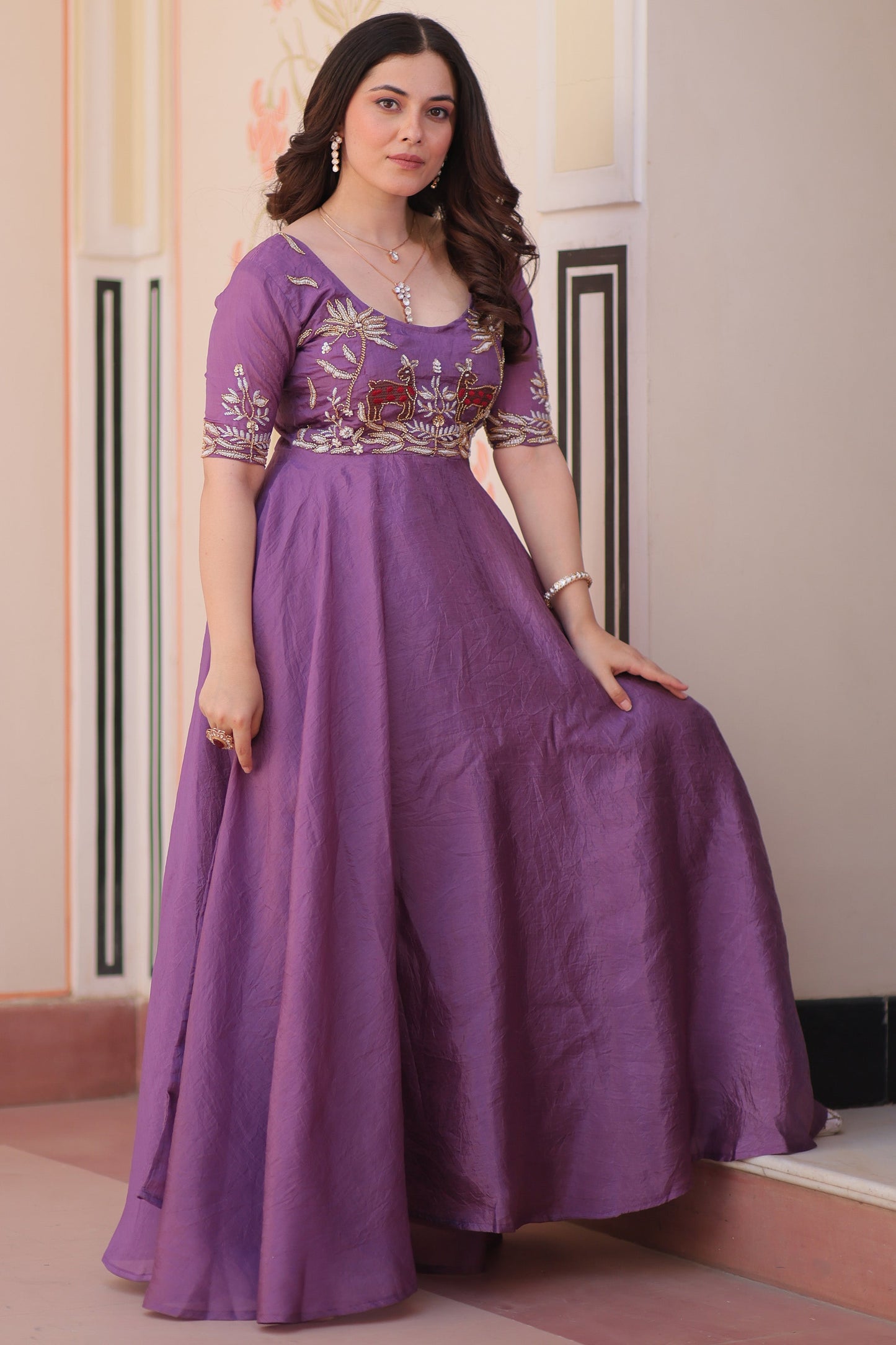 Captivating Purple Beads Work Organza Festival Wear Gown