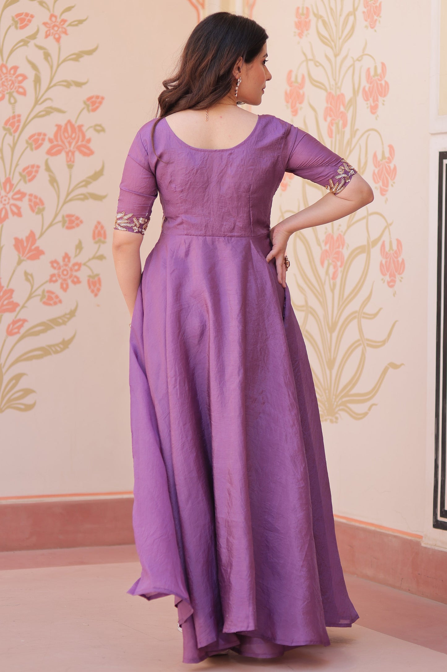 Captivating Purple Beads Work Organza Festival Wear Gown