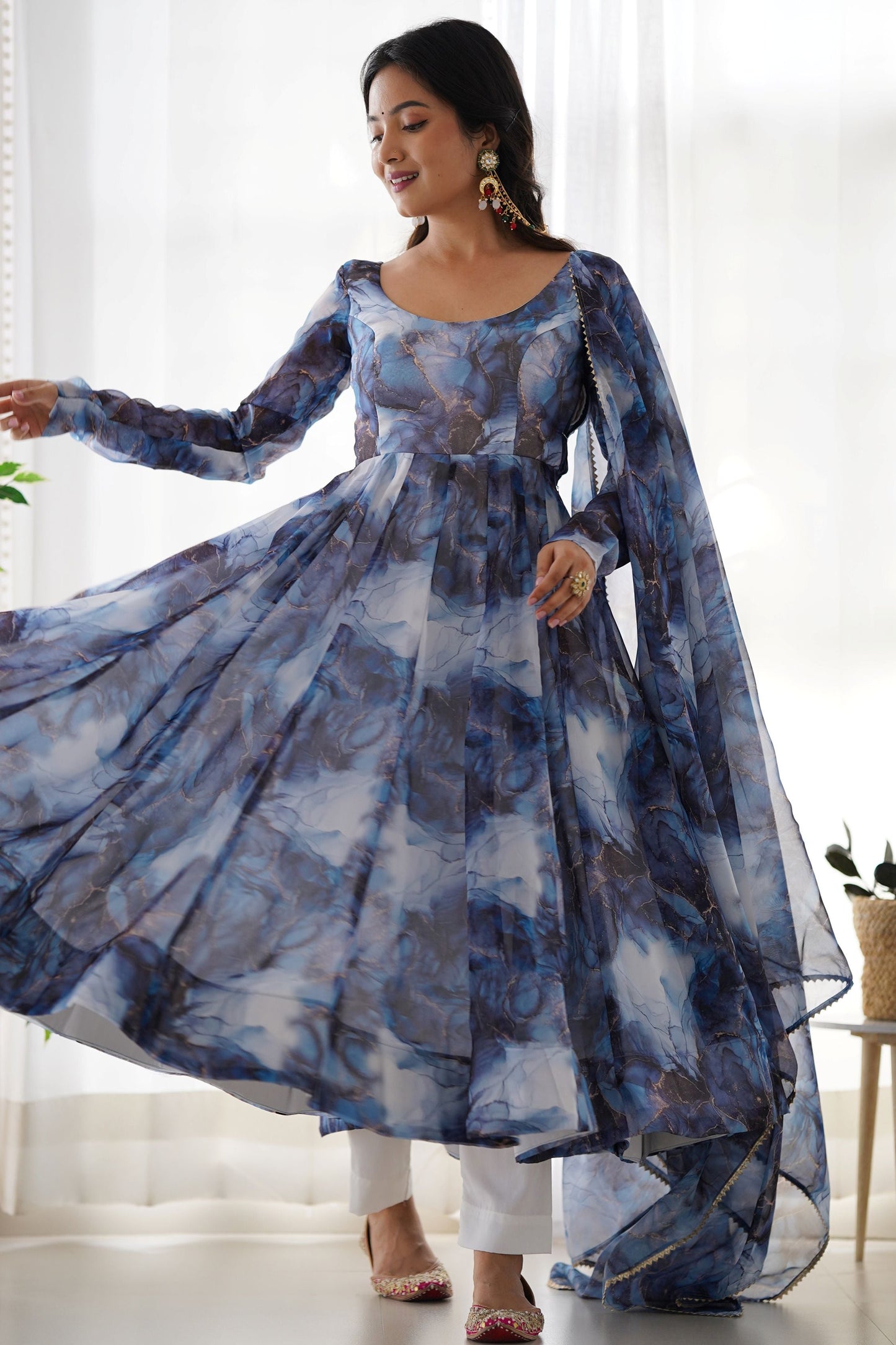 Spectacular Navy Blue Digital Printed Organza Event Wear Anarkali Suit