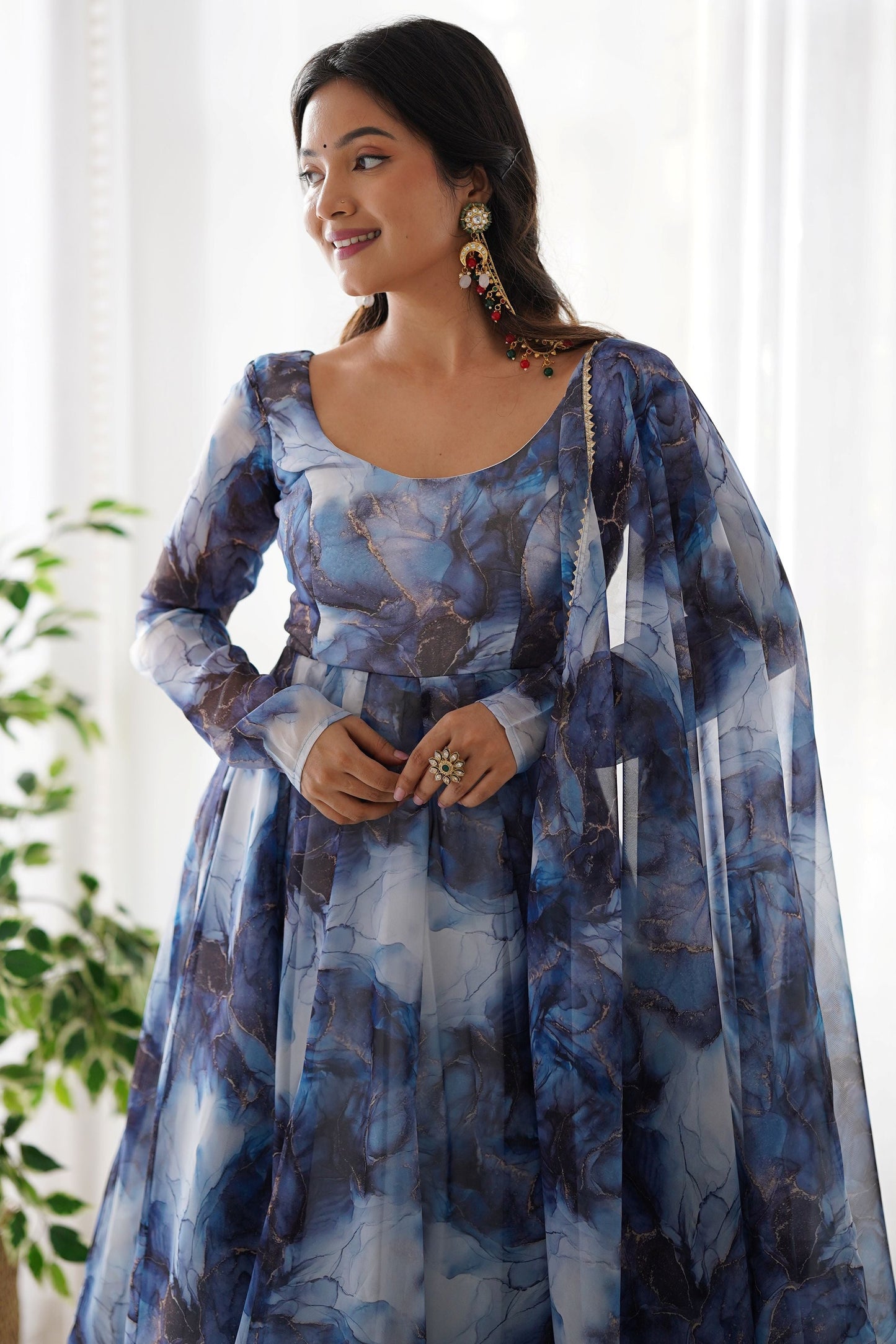 Spectacular Navy Blue Digital Printed Organza Event Wear Anarkali Suit