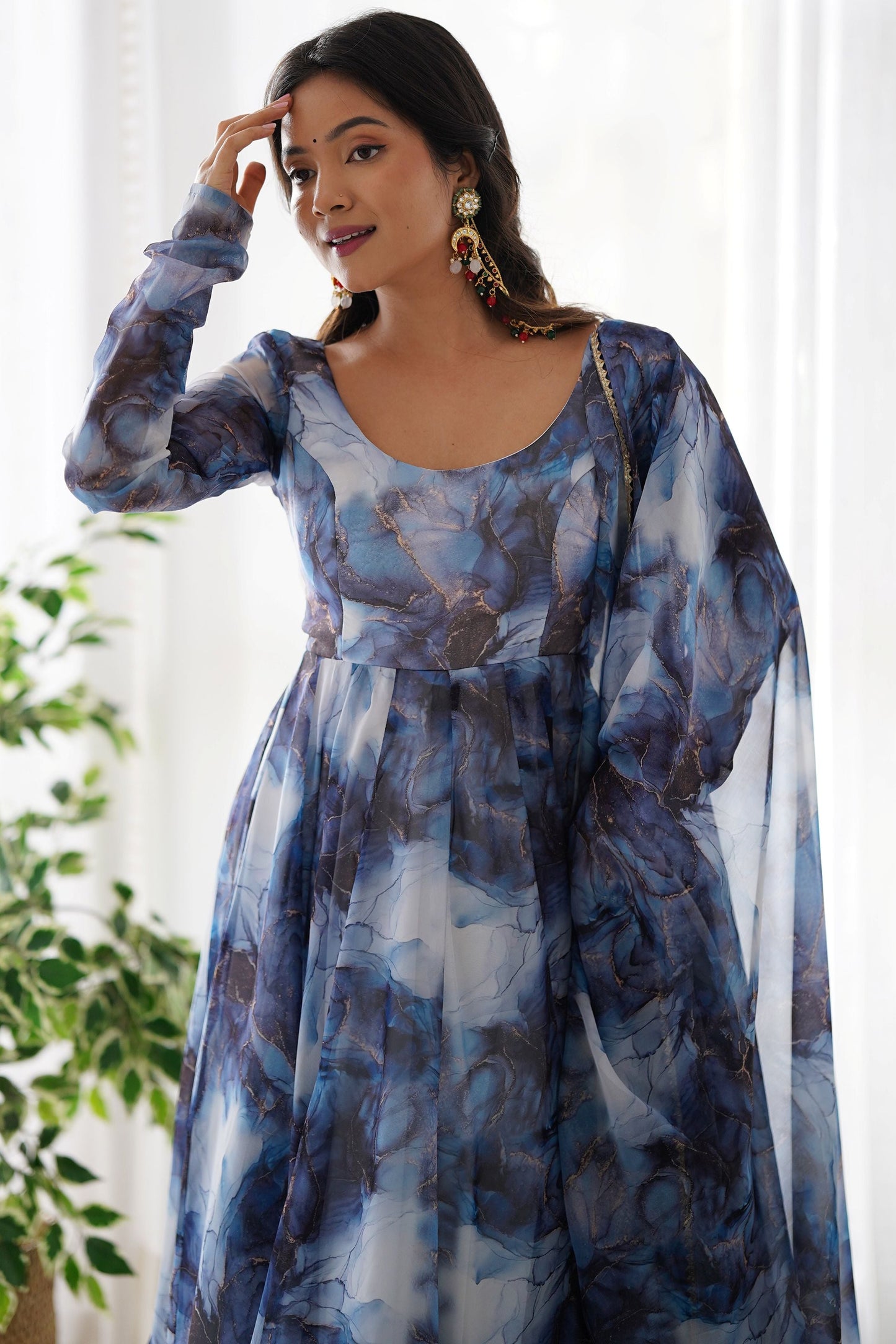 Spectacular Navy Blue Digital Printed Organza Event Wear Anarkali Suit