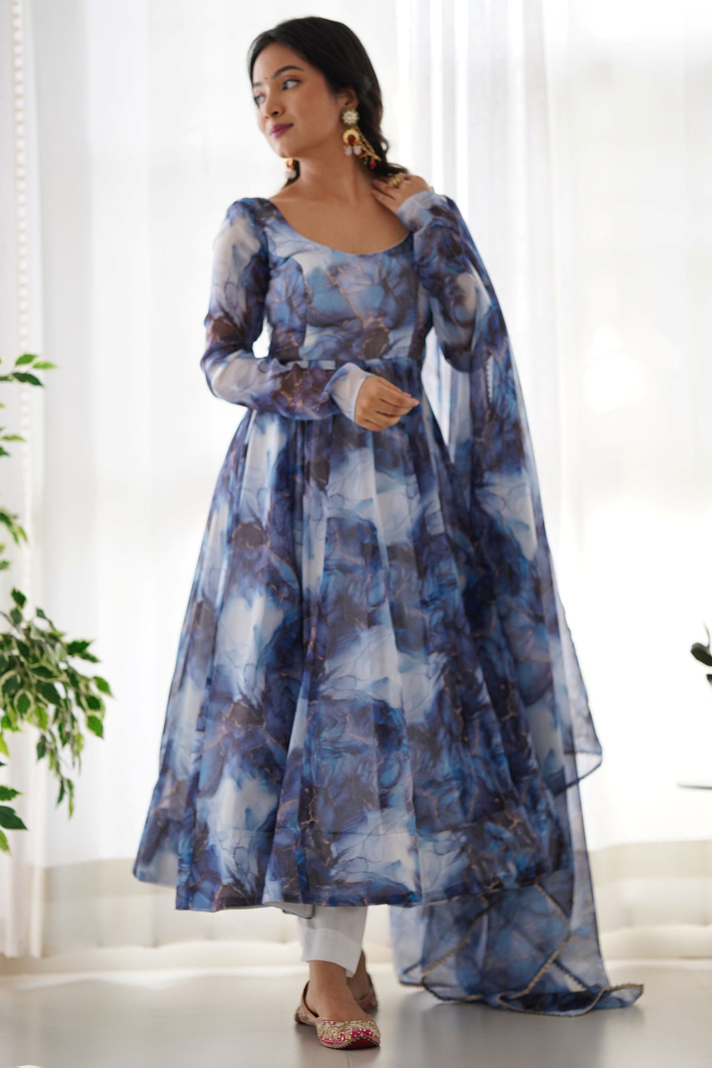 Spectacular Navy Blue Digital Printed Organza Event Wear Anarkali Suit