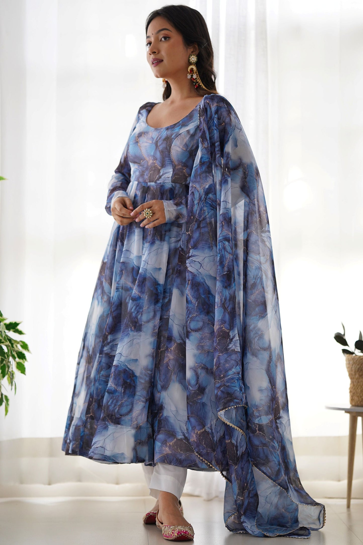Spectacular Navy Blue Digital Printed Organza Event Wear Anarkali Suit