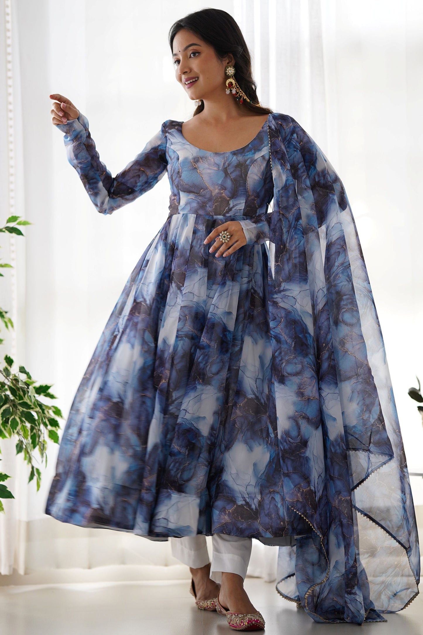 Spectacular Navy Blue Digital Printed Organza Event Wear Anarkali Suit