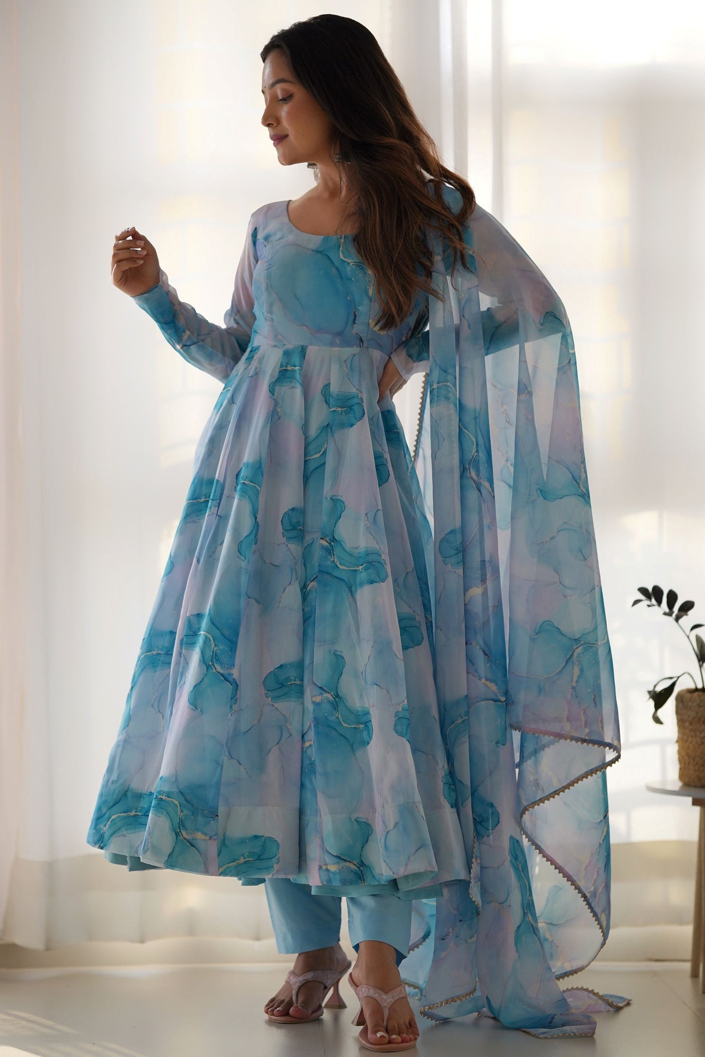 Astonishing Sky-Blue Digital Printed Organza Anarkali Suit With Dupatta
