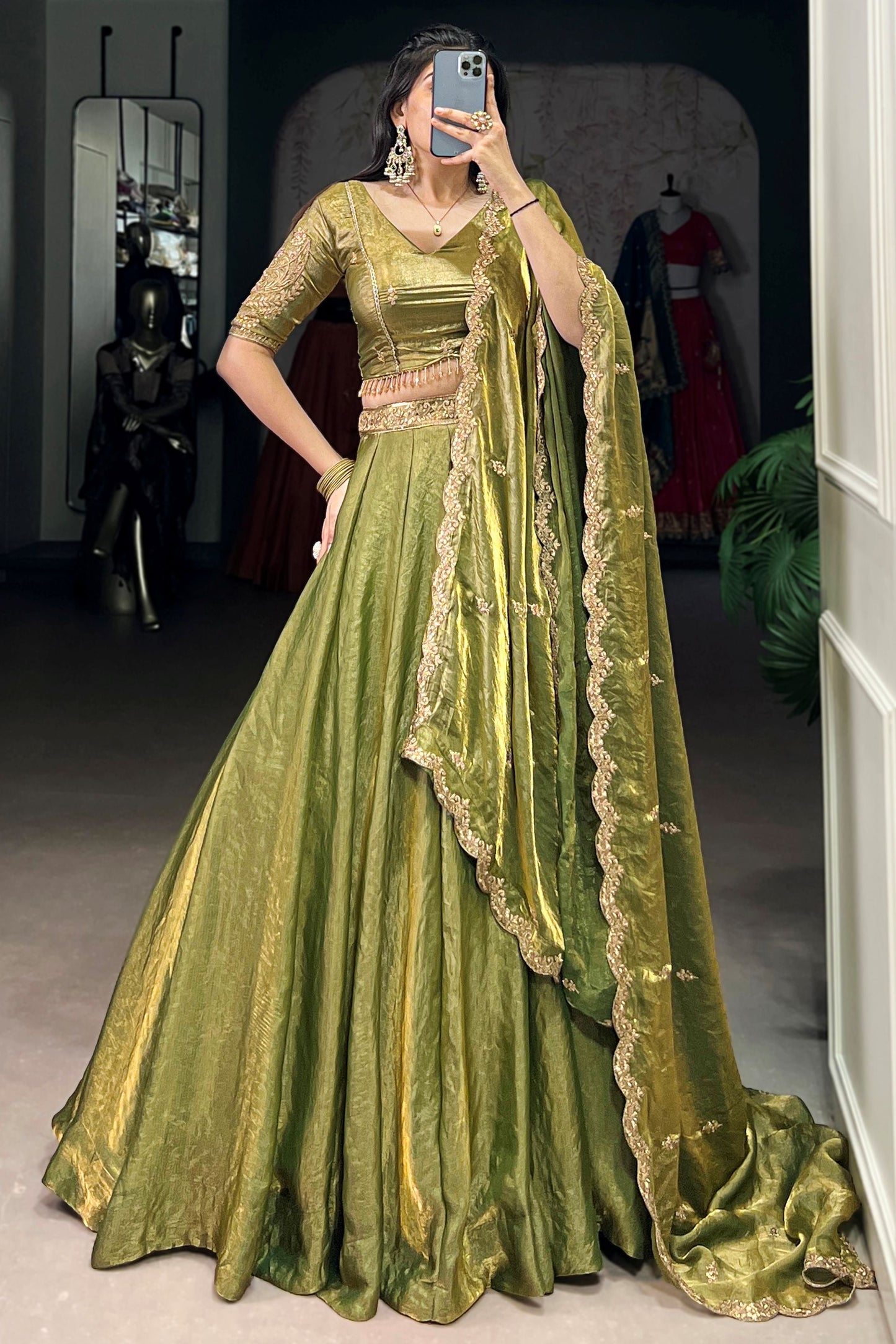 Fascinating Green Organza Traditional Lehenga Choli With Dupatta