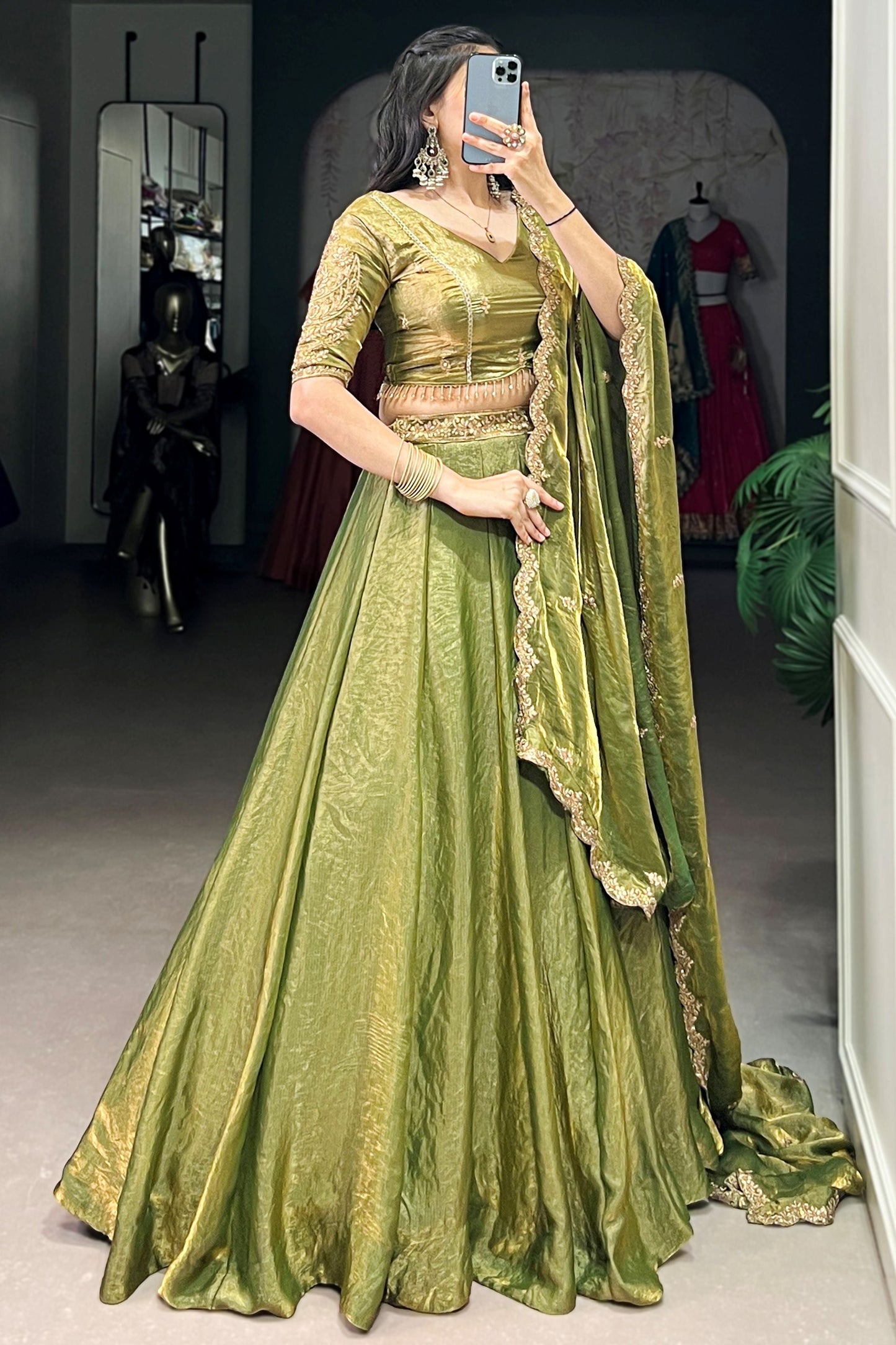 Fascinating Green Organza Traditional Lehenga Choli With Dupatta