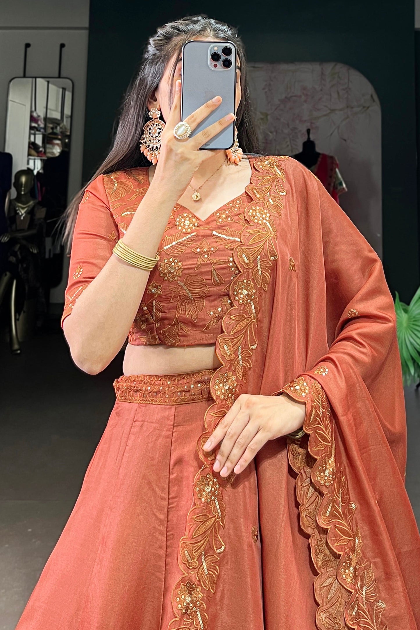 Adorable Orange Thread Embroidered Silk Sangeet Wear Lehenga Choli