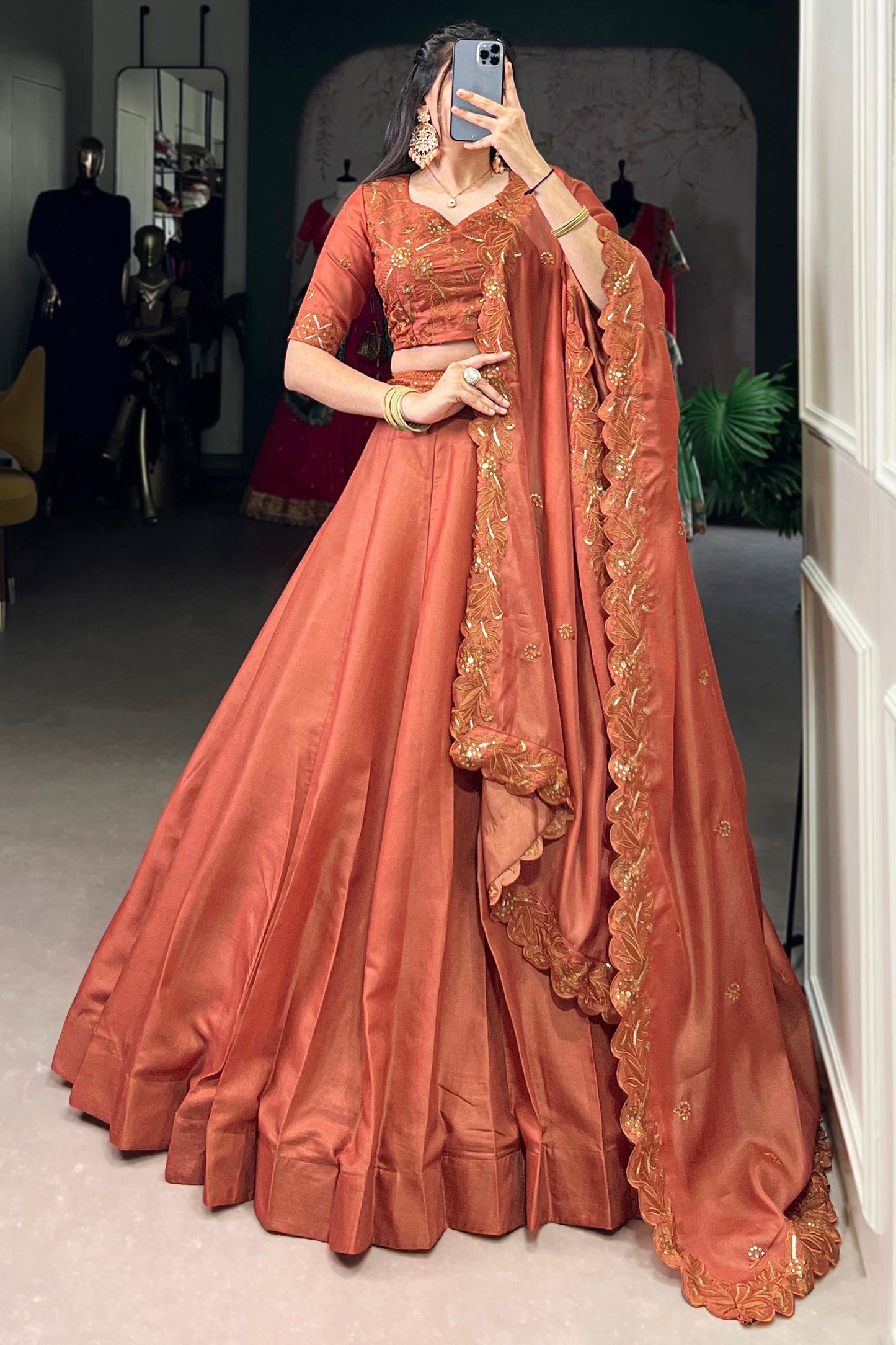 Adorable Orange Thread Embroidered Silk Sangeet Wear Lehenga Choli