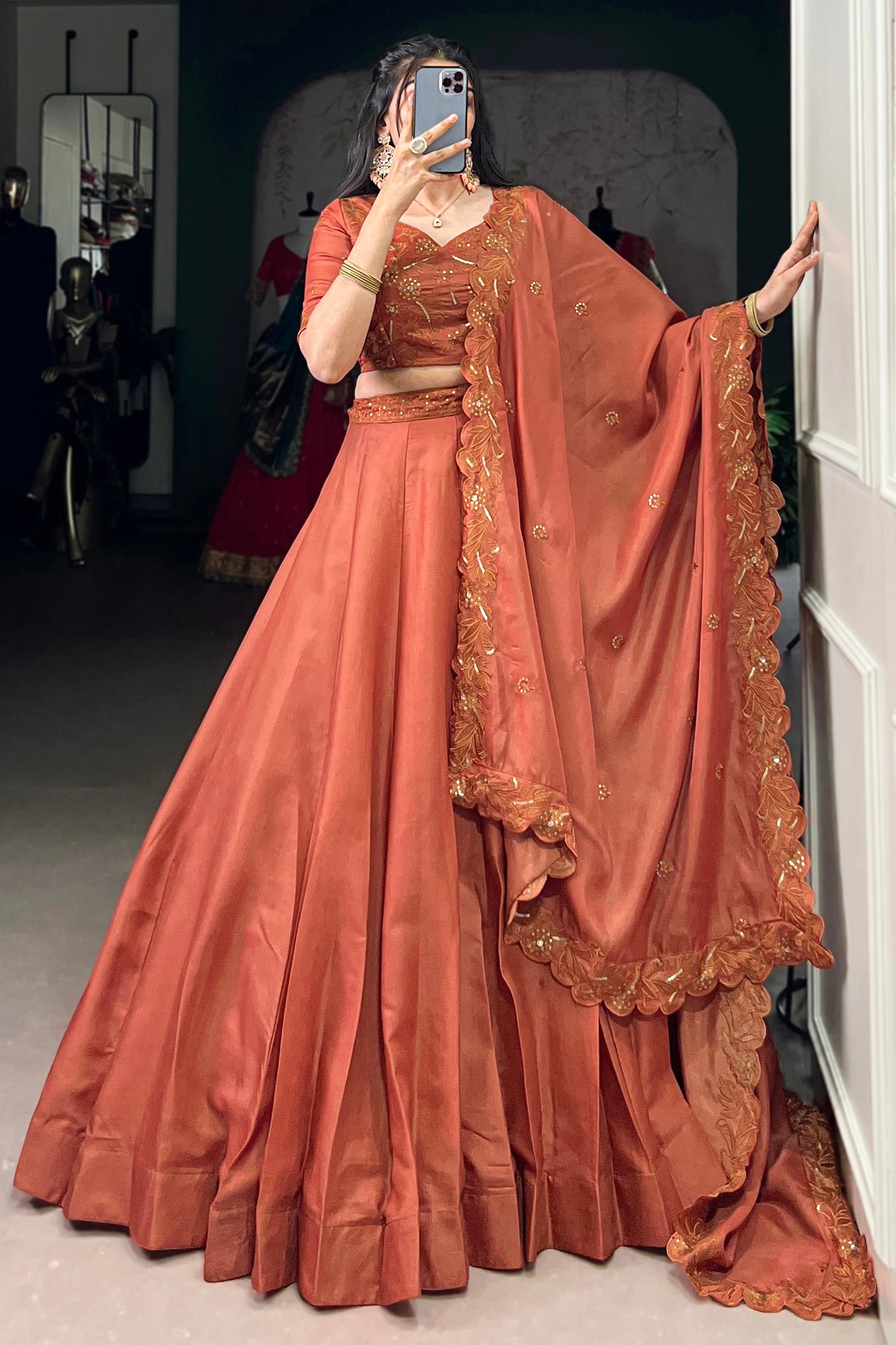 Adorable Orange Thread Embroidered Silk Sangeet Wear Lehenga Choli
