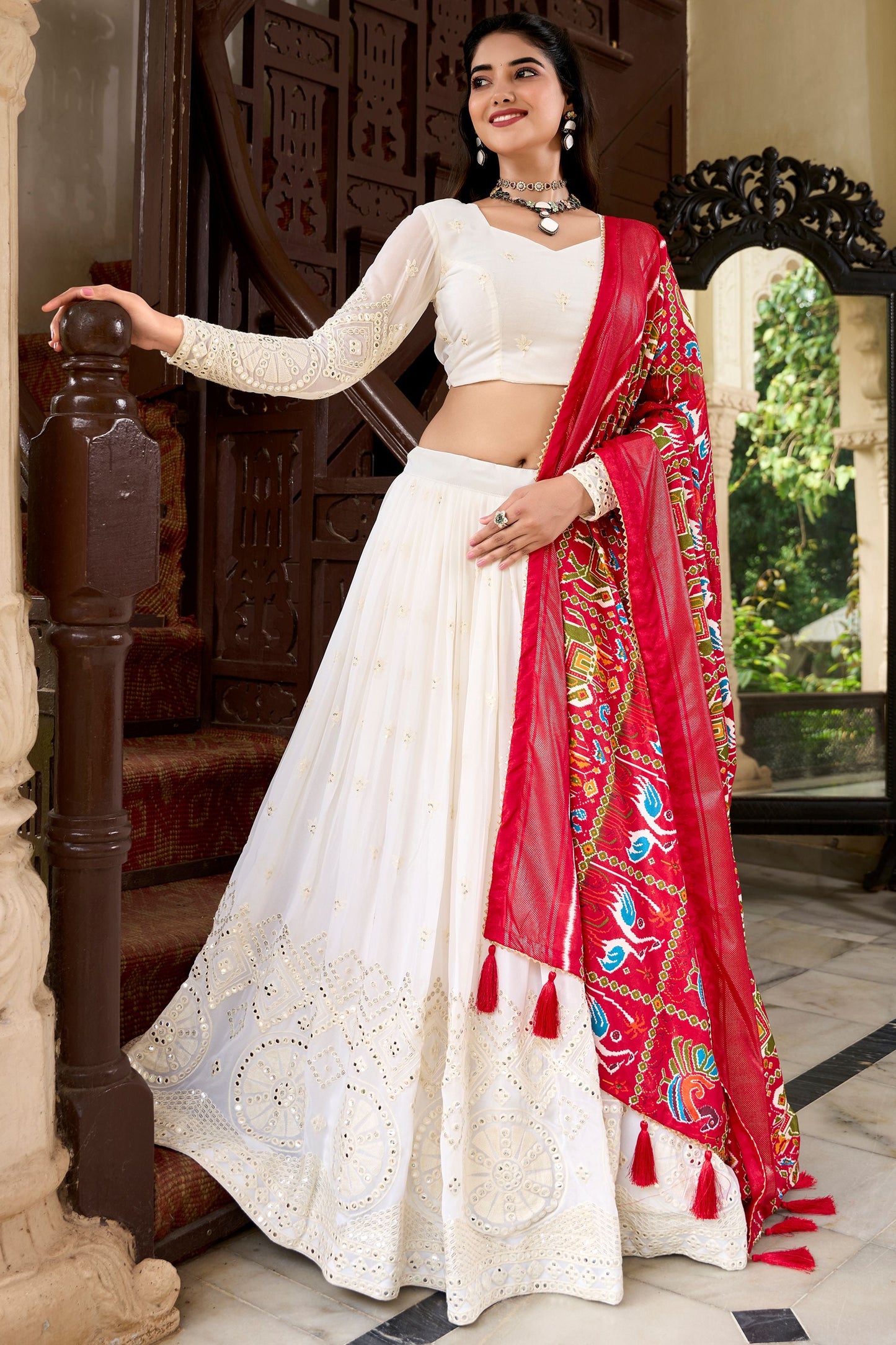 Tantalizing White Lucknowi Work Georgette Festival Wear Lehenga Choli