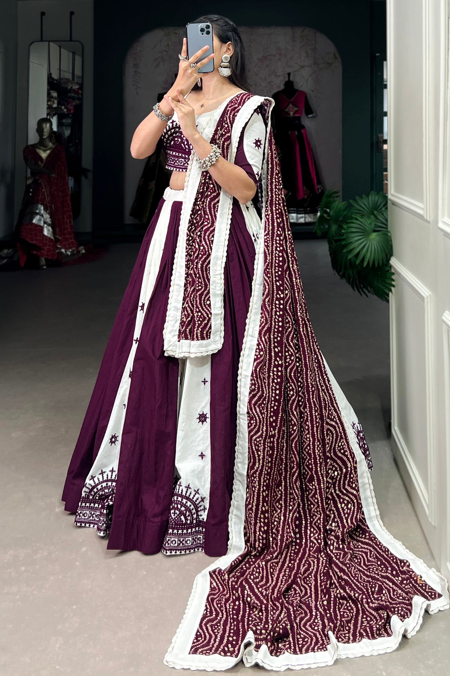 Beautiful White & Wine Gamthi Work Cotton Navratri Lehenga Choli