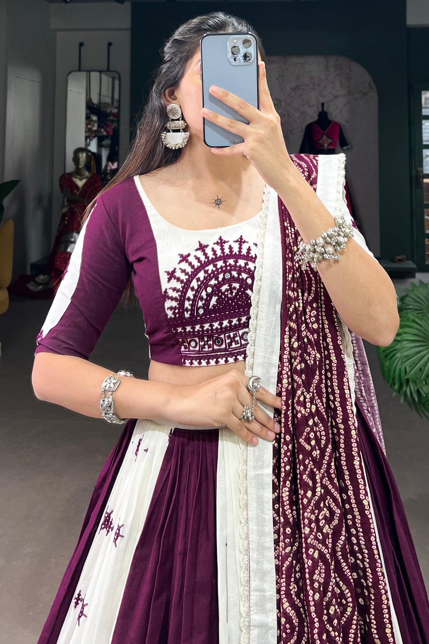 Beautiful White & Wine Gamthi Work Cotton Navratri Lehenga Choli