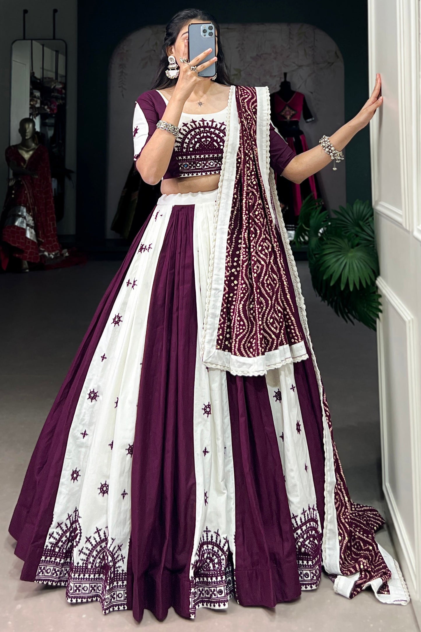 Beautiful White & Wine Gamthi Work Cotton Navratri Lehenga Choli