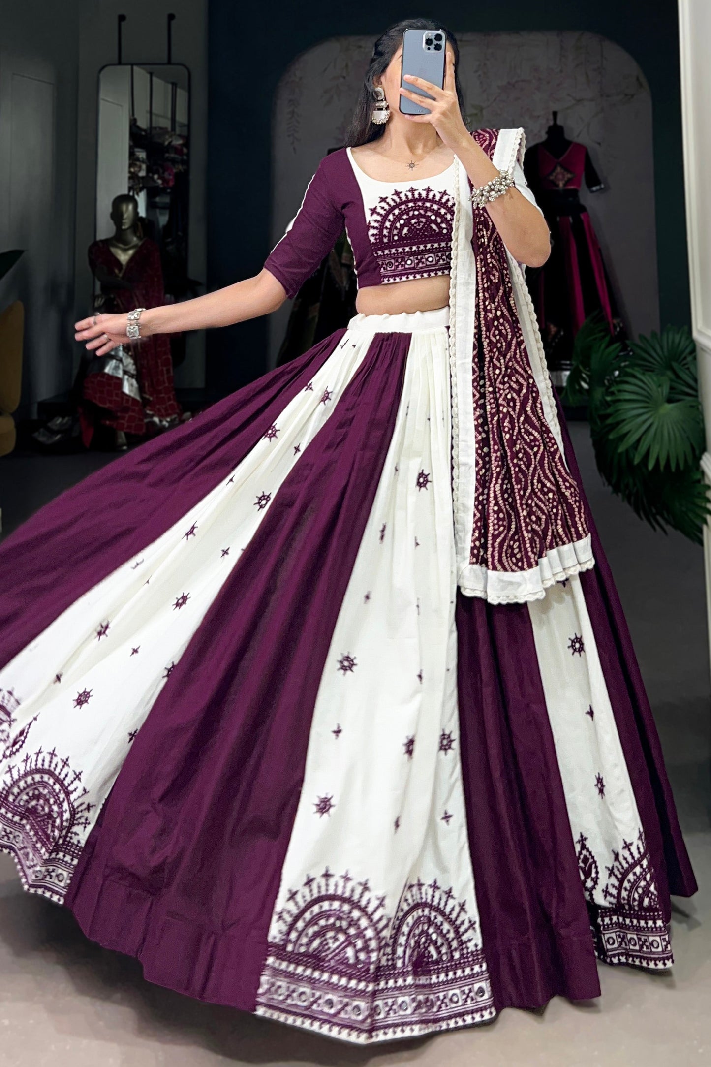 Beautiful White & Wine Gamthi Work Cotton Navratri Lehenga Choli