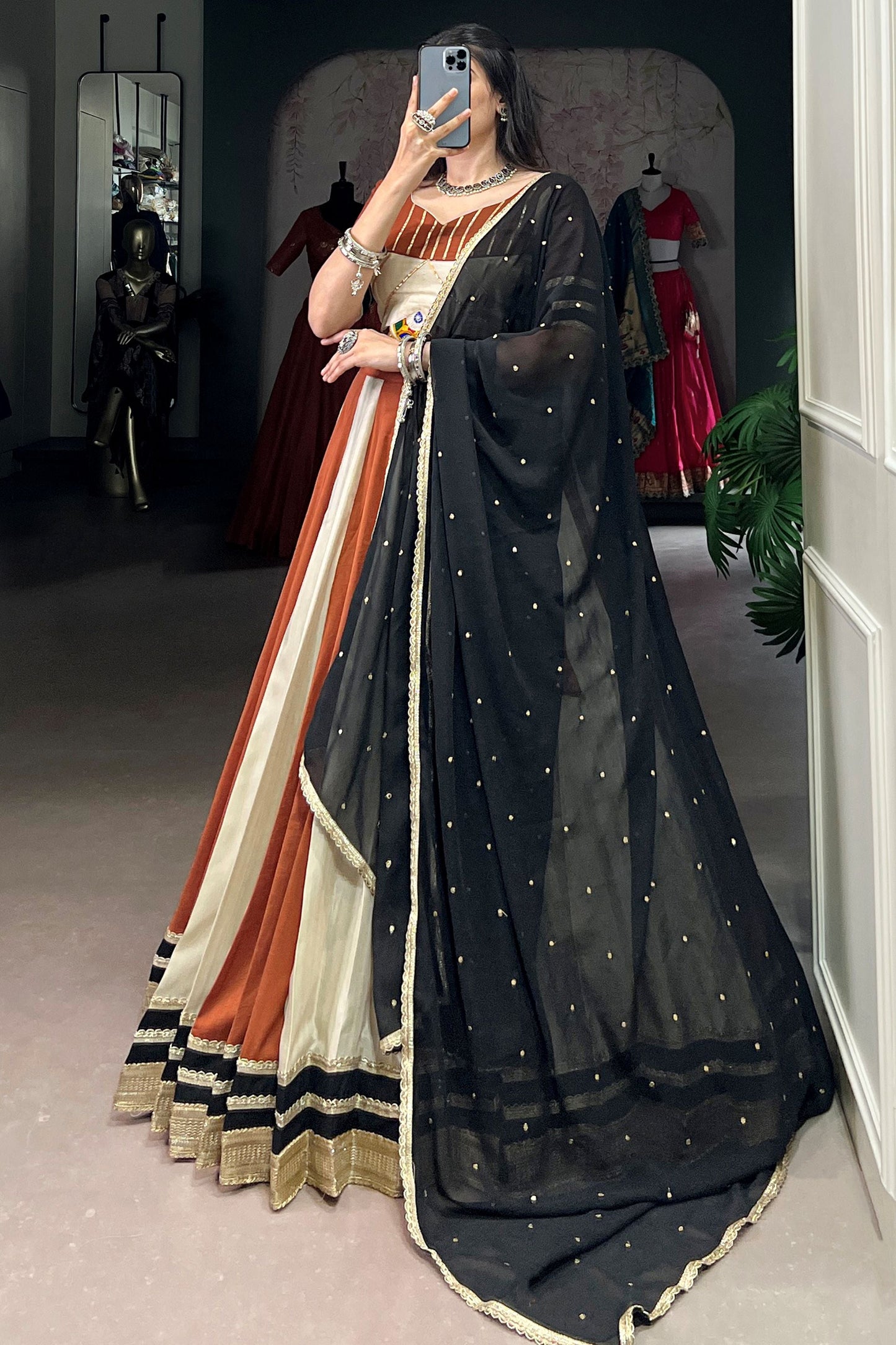Astonishing Brown Chinon Navratri Wear Lehenga Choli With Dupatta