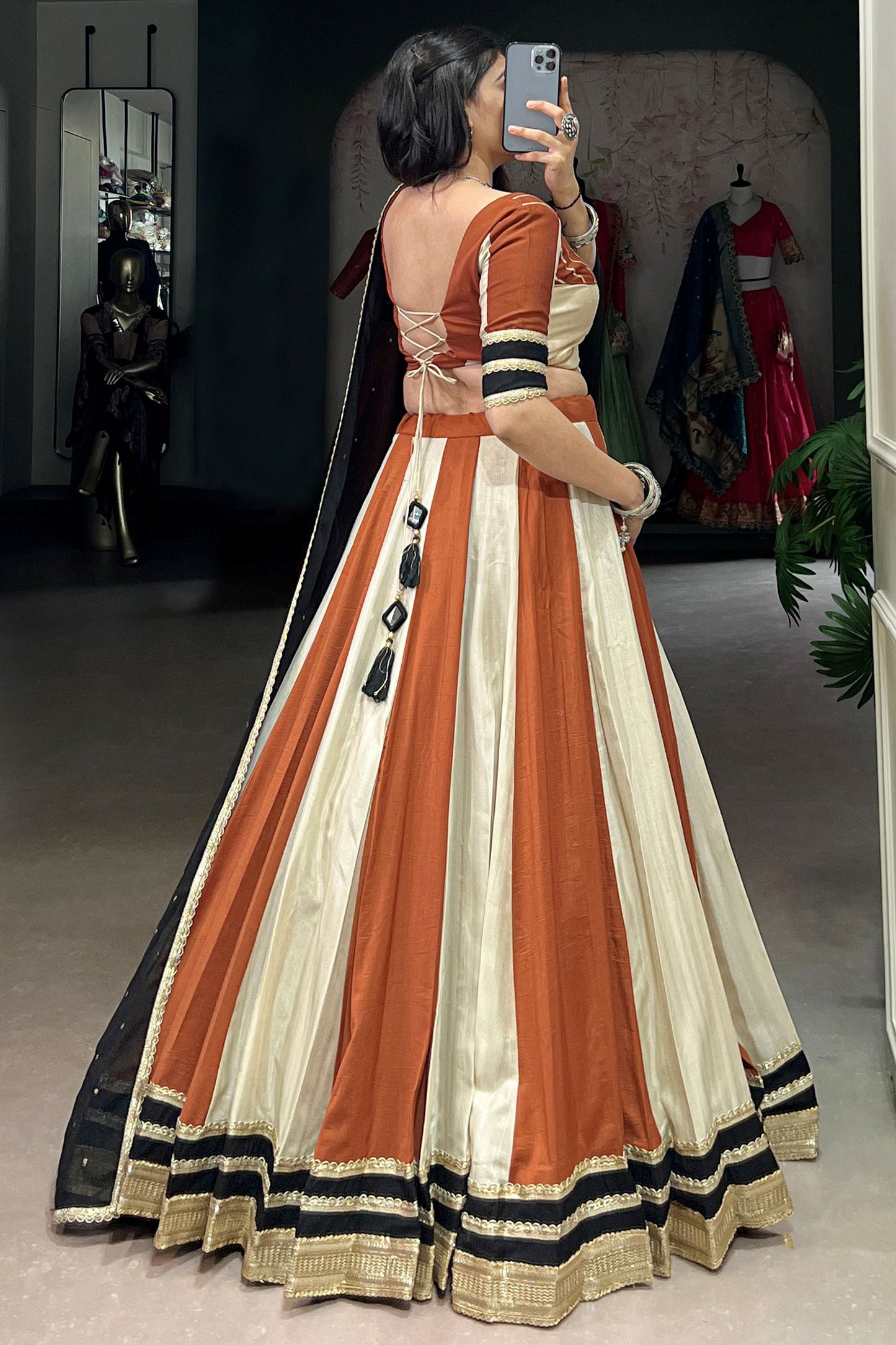 Astonishing Brown Chinon Navratri Wear Lehenga Choli With Dupatta