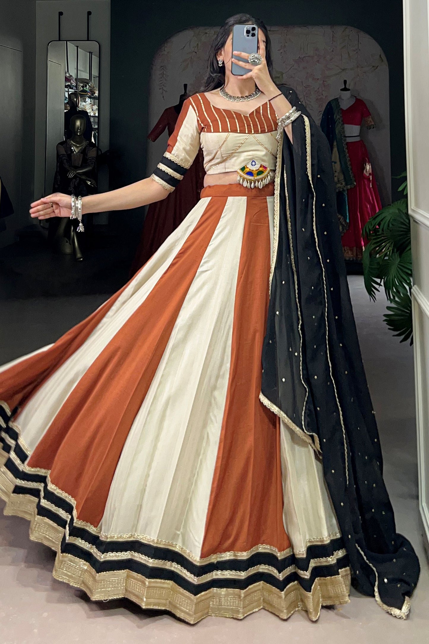 Astonishing Brown Chinon Navratri Wear Lehenga Choli With Dupatta