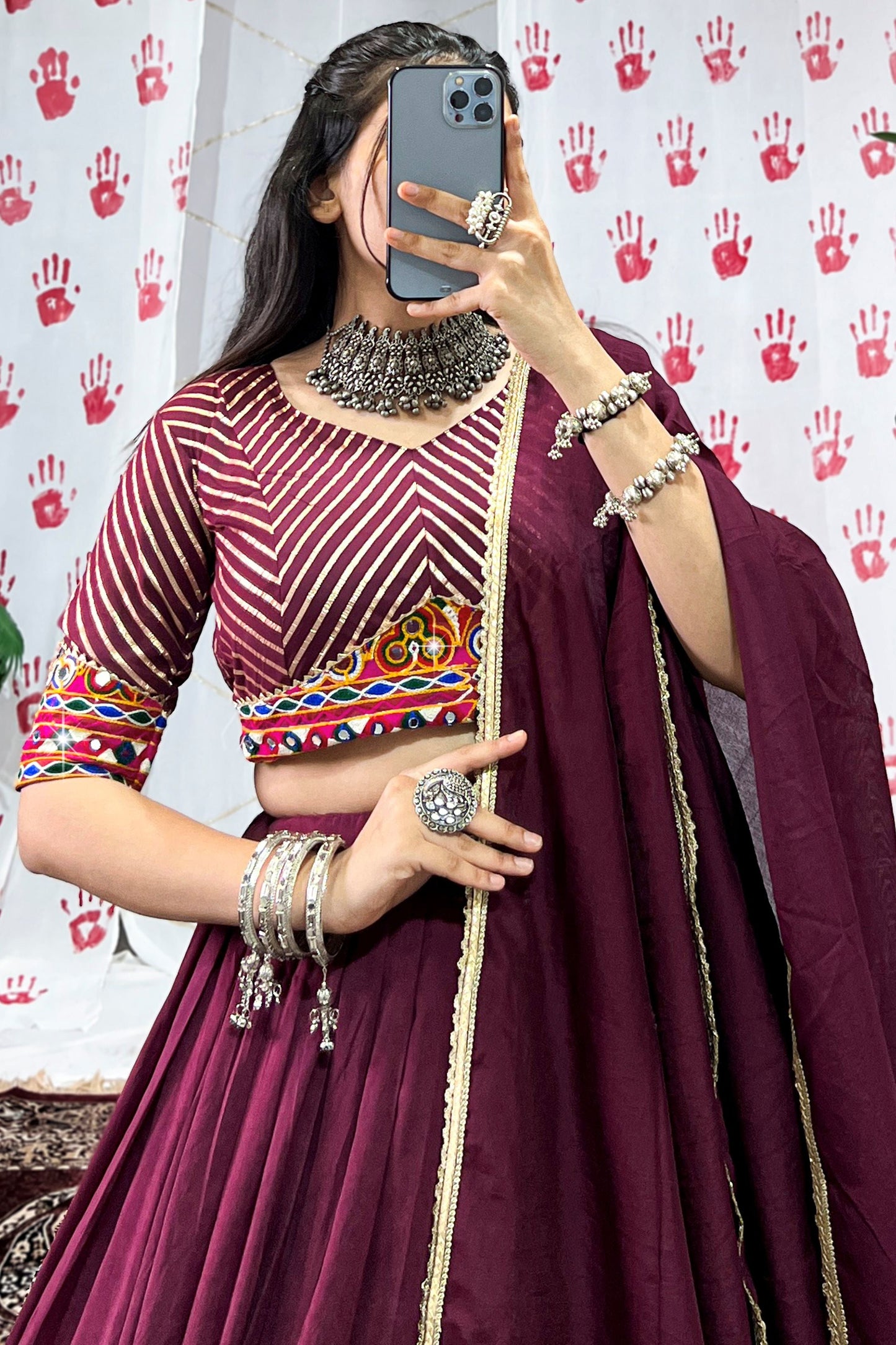 Attractive Wine Zari Weaving Chanderi Navratri Wear Lehenga Choli