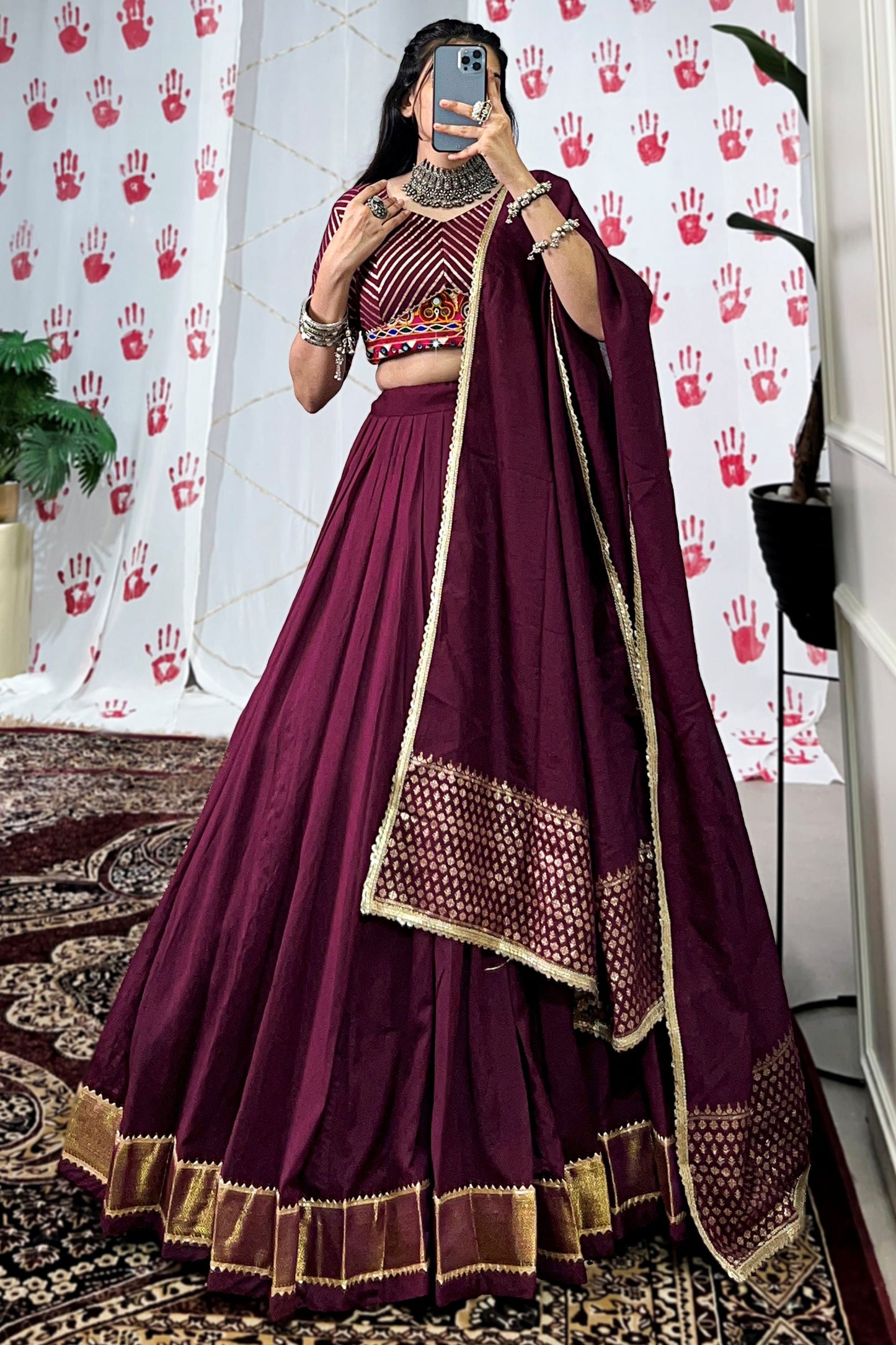 Attractive Wine Zari Weaving Chanderi Navratri Wear Lehenga Choli