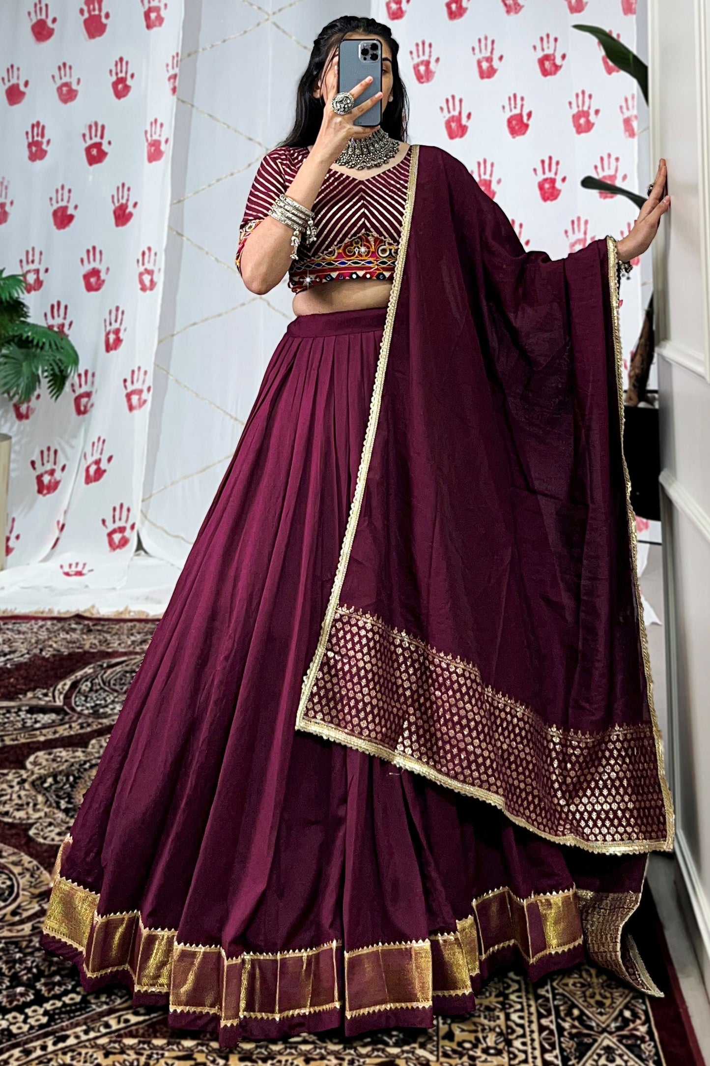 Attractive Wine Zari Weaving Chanderi Navratri Wear Lehenga Choli