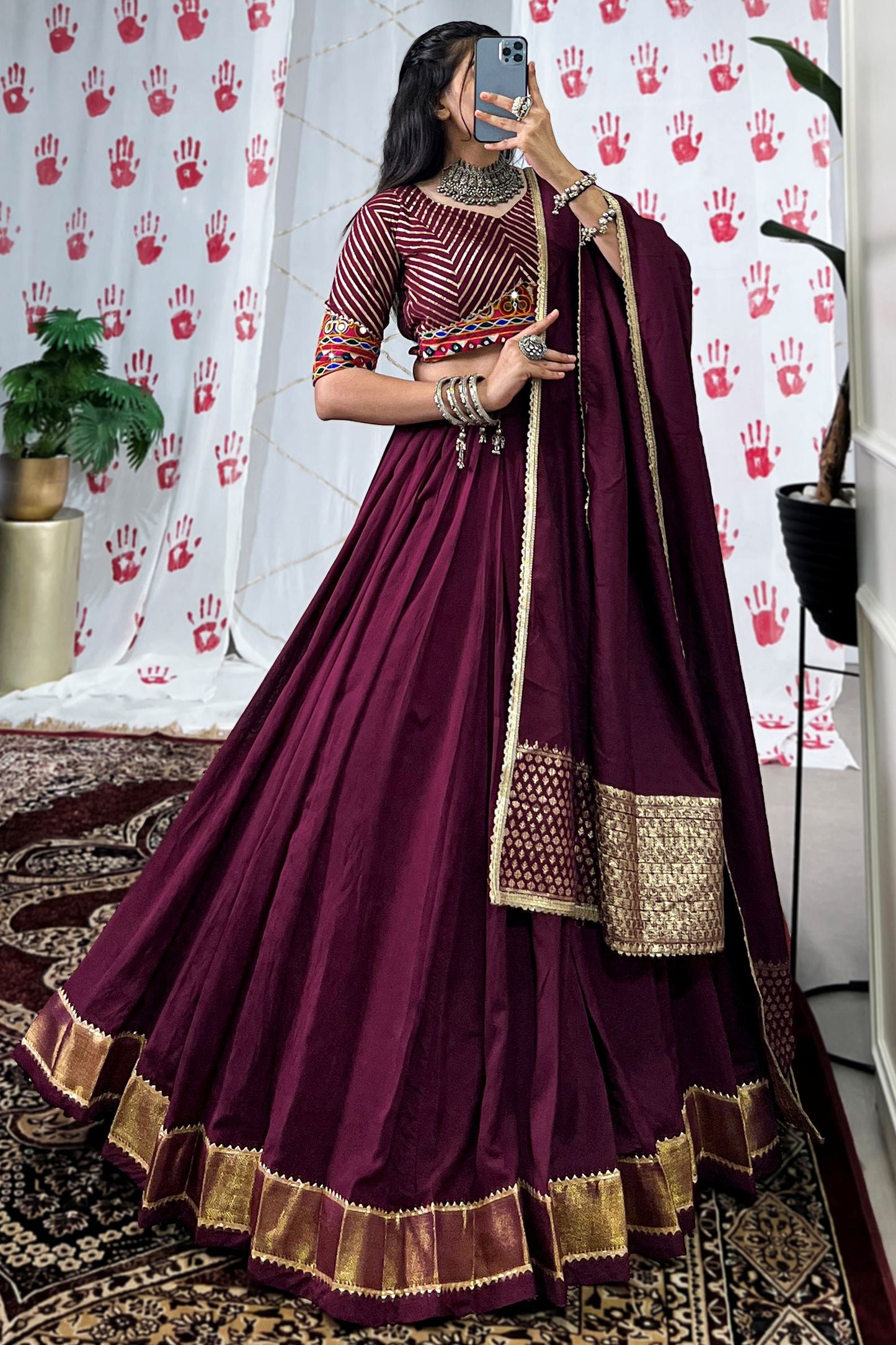 Attractive Wine Zari Weaving Chanderi Navratri Wear Lehenga Choli