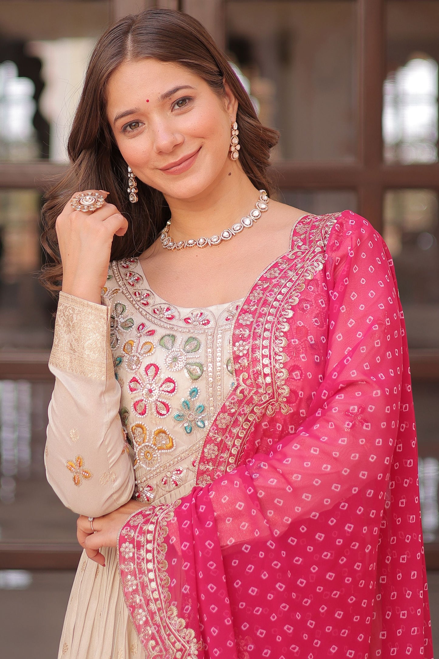 Astonishing Off-White Zari Weaving Silk Event Wear Gown With Dupatta