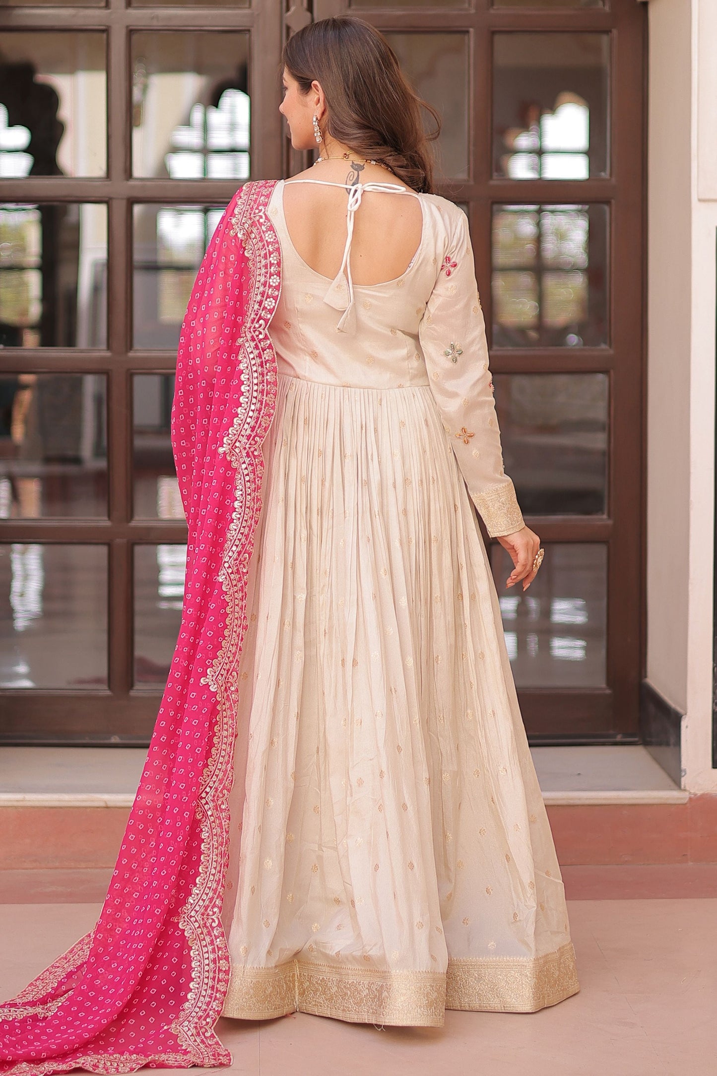 Astonishing Off-White Zari Weaving Silk Event Wear Gown With Dupatta