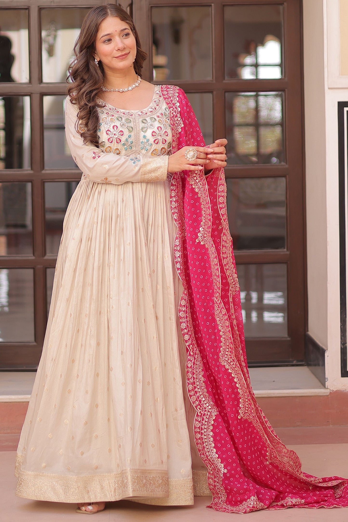 Astonishing Off-White Zari Weaving Silk Event Wear Gown With Dupatta