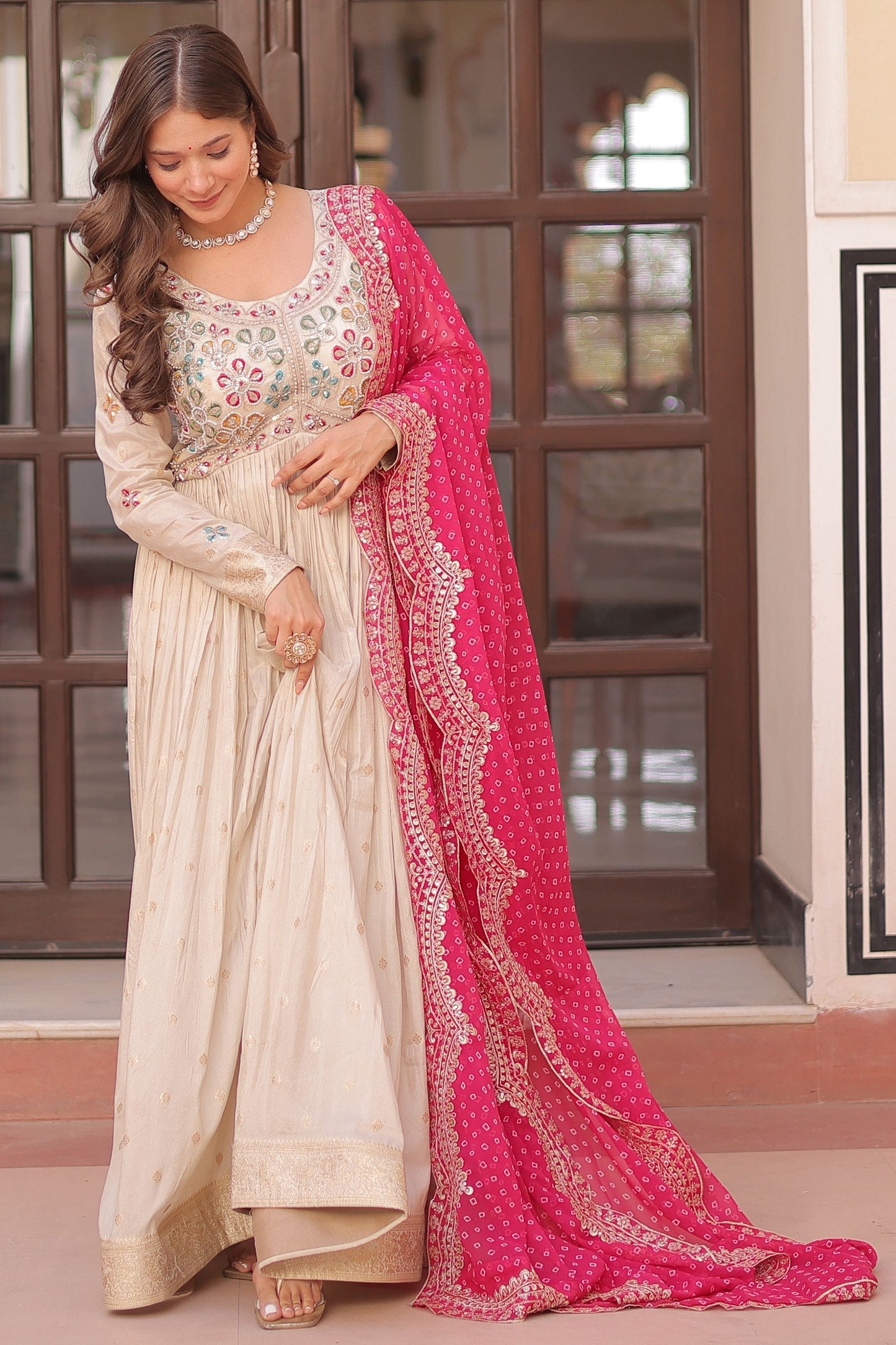 Astonishing Off-White Zari Weaving Silk Event Wear Gown With Dupatta