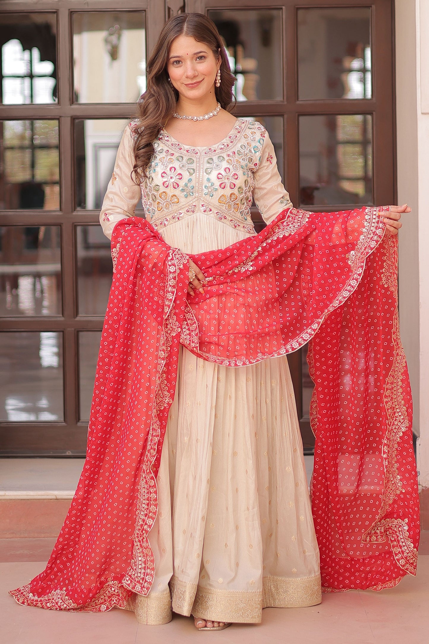 Spectacular Off-White Beads Work Silk Traditional Gown With Dupatta