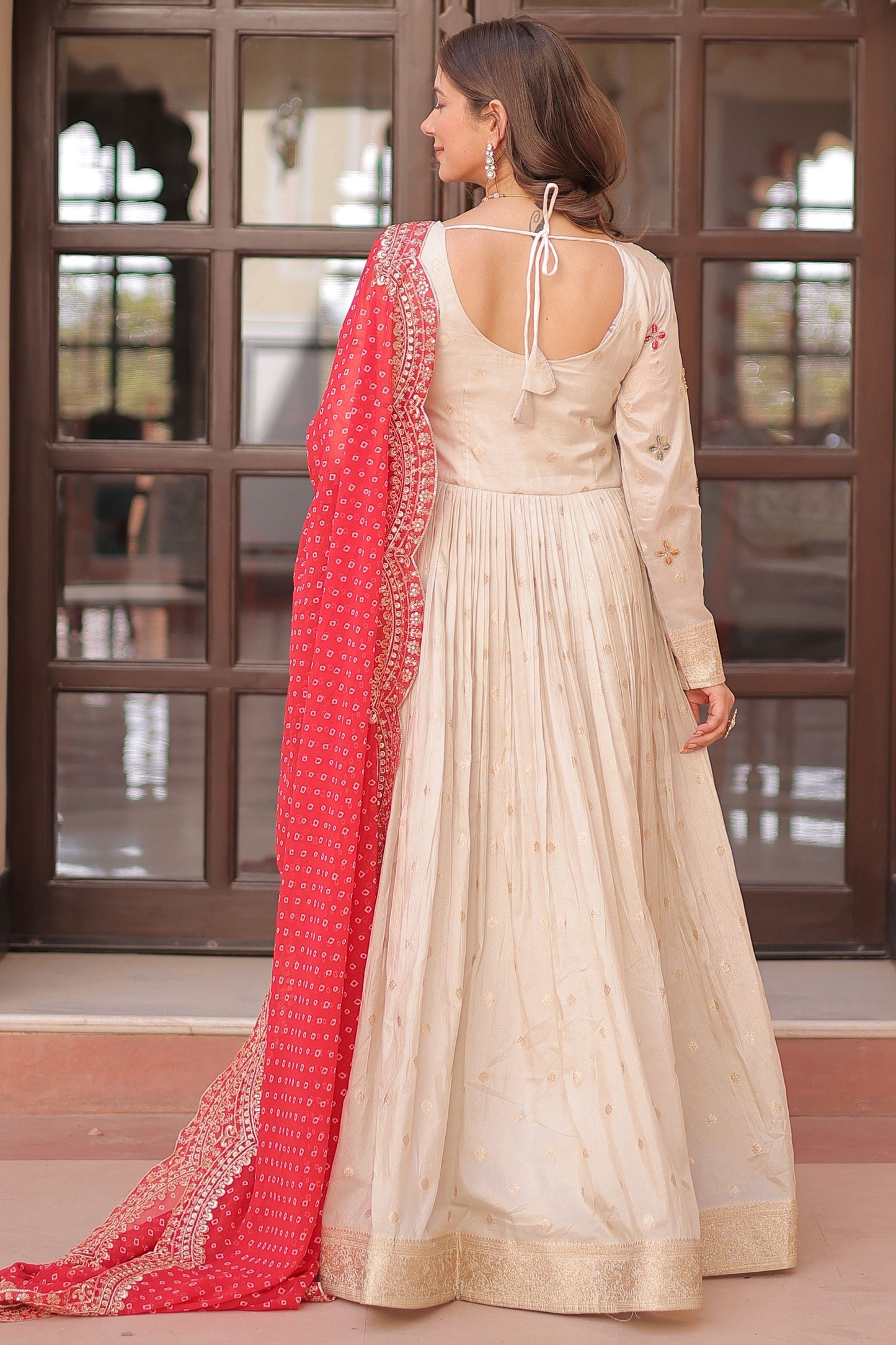 Spectacular Off-White Beads Work Silk Traditional Gown With Dupatta