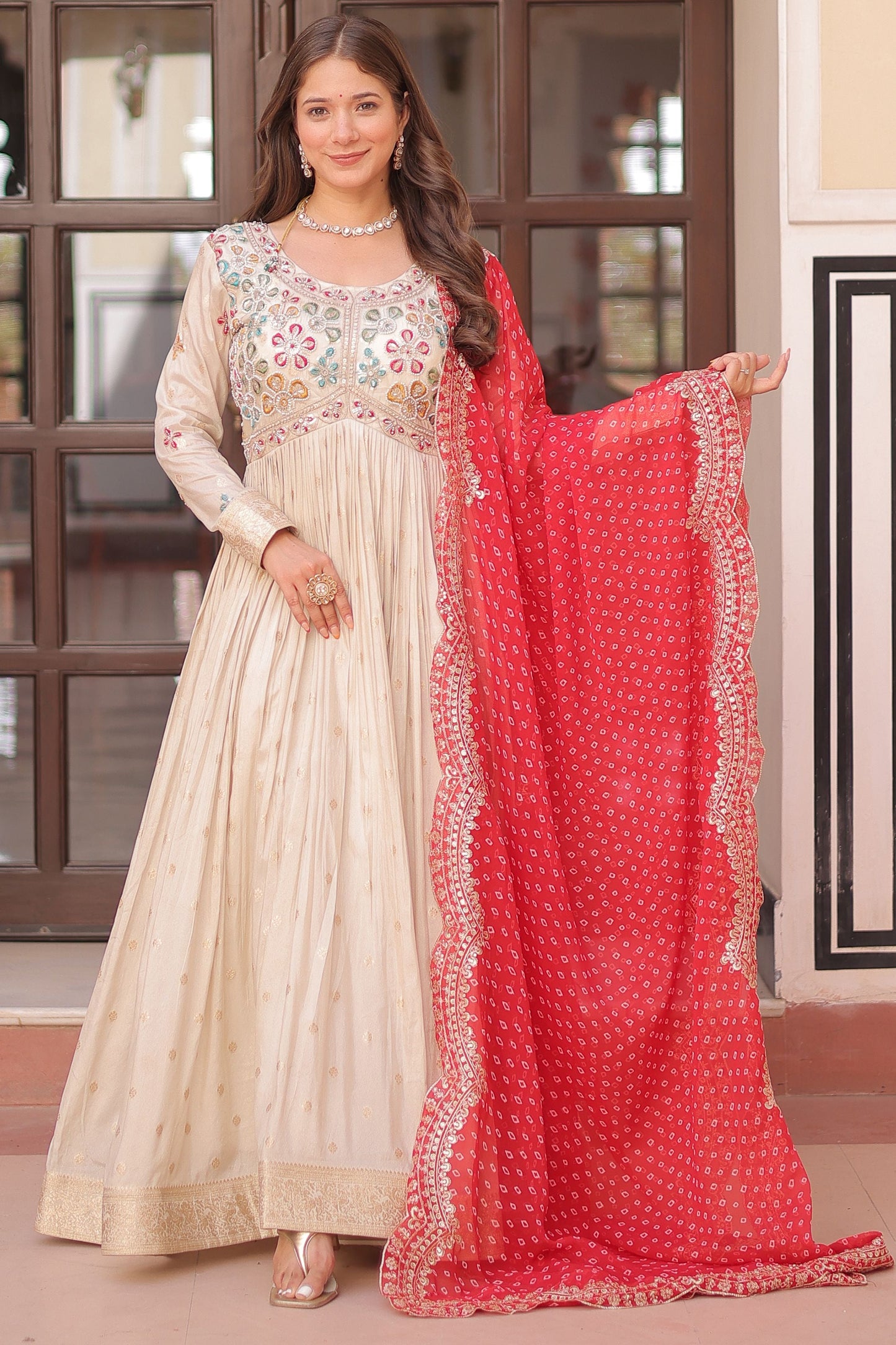 Spectacular Off-White Beads Work Silk Traditional Gown With Dupatta