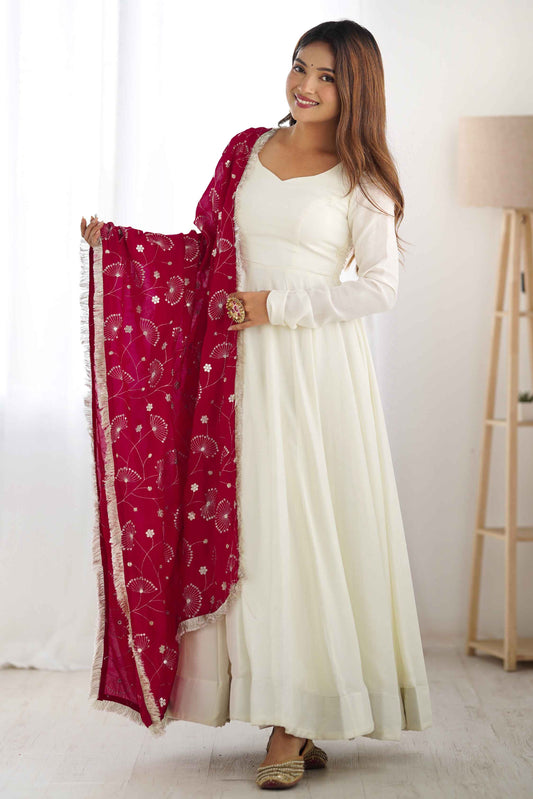 Ravishing Off-White Silk Wedding Anarkali Gown With Heavy Dupatta