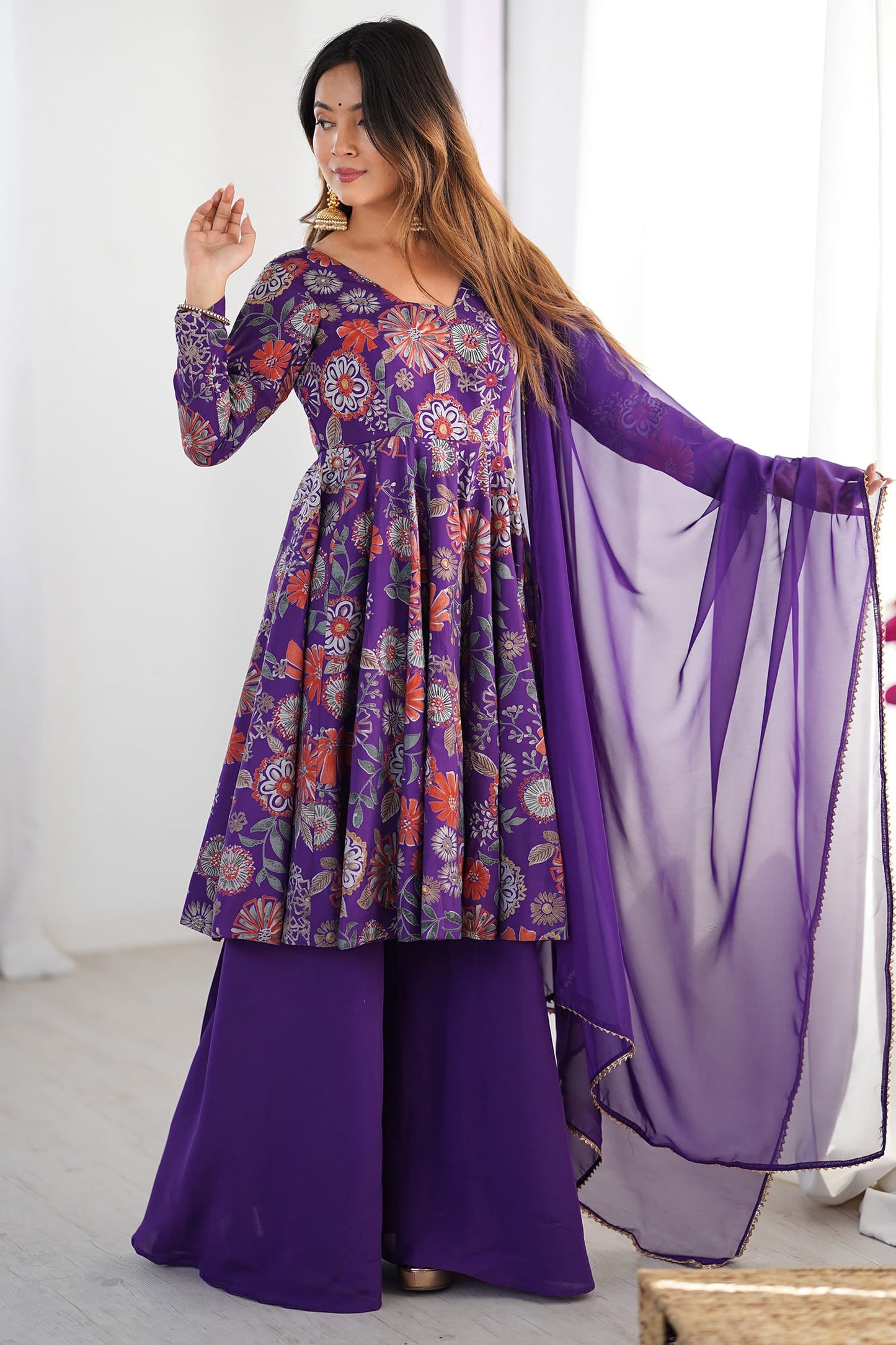 Dazzling Purple Printed Silk Festive Wear Palazzo Suit With Dupatta