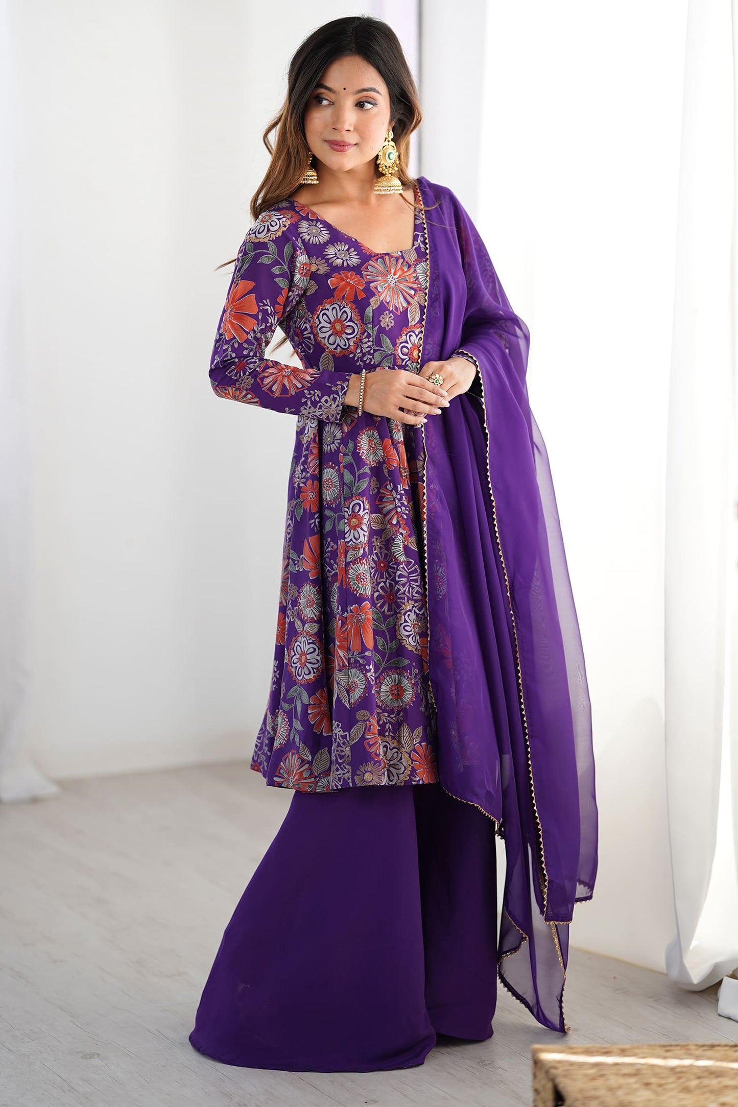 Dazzling Purple Printed Silk Festive Wear Palazzo Suit With Dupatta