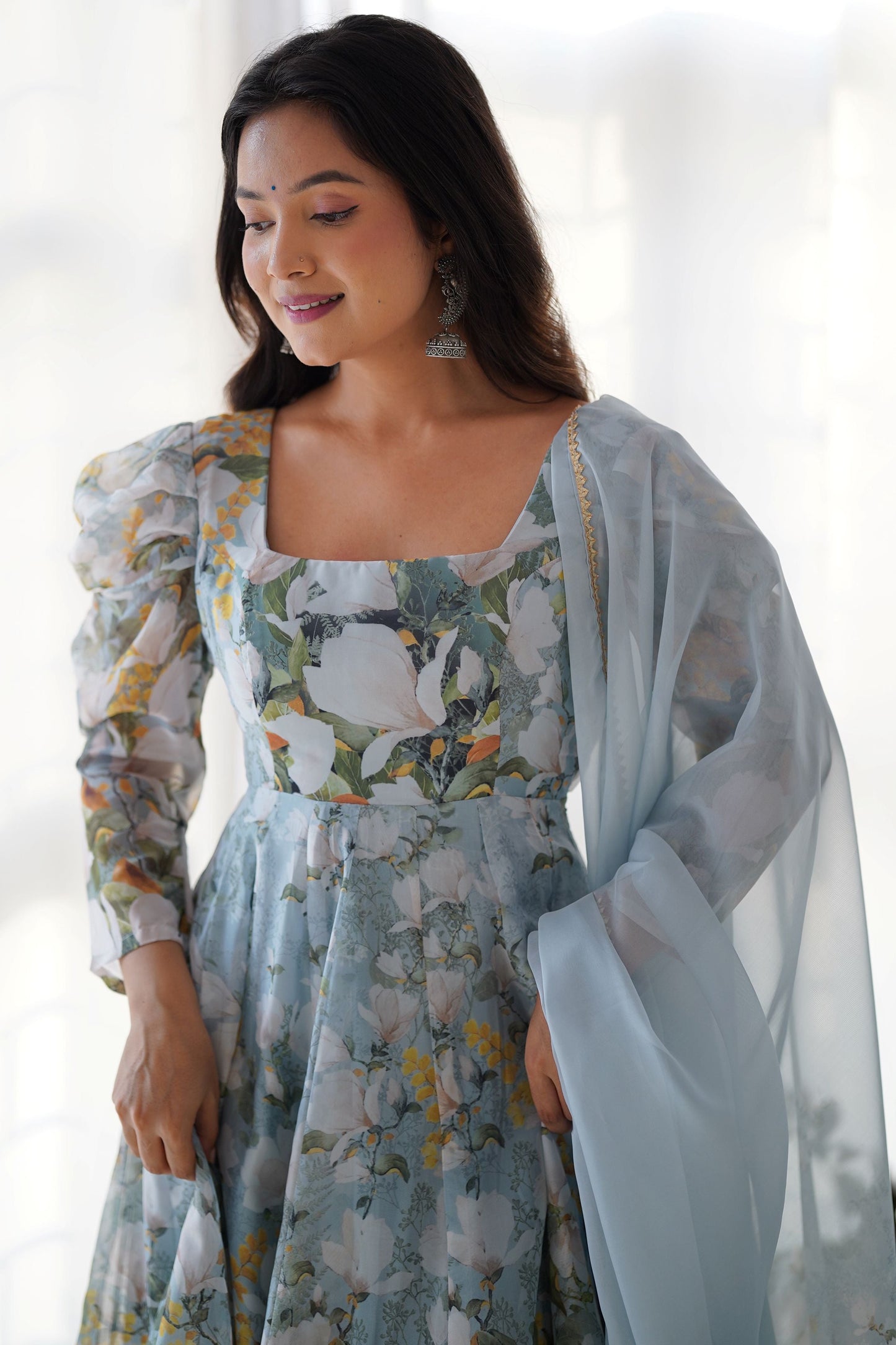Beautiful Blue Floral Printed Organza Casual Wear Anarkali Suit