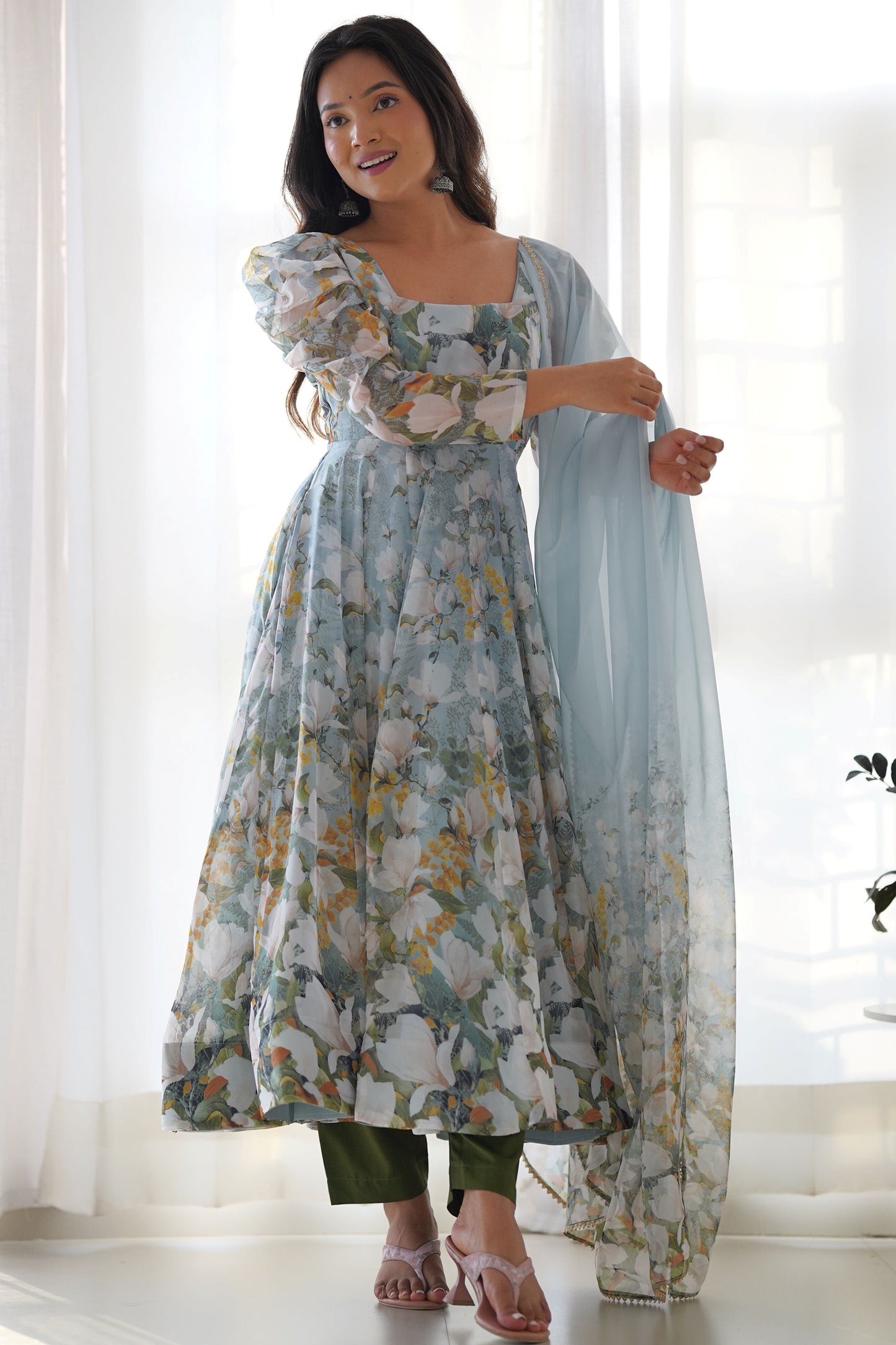 Beautiful Blue Floral Printed Organza Casual Wear Anarkali Suit