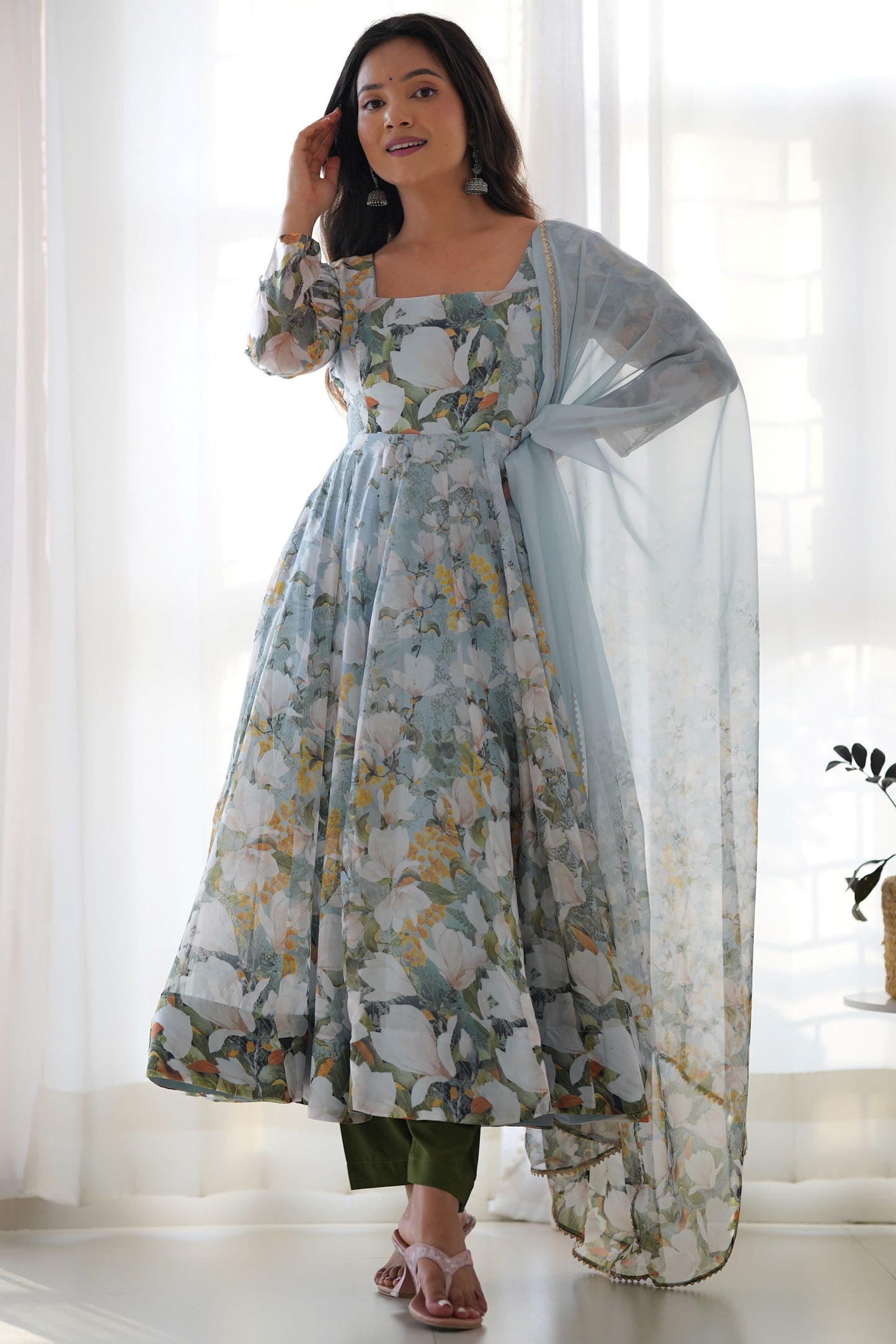 Beautiful Blue Floral Printed Organza Casual Wear Anarkali Suit