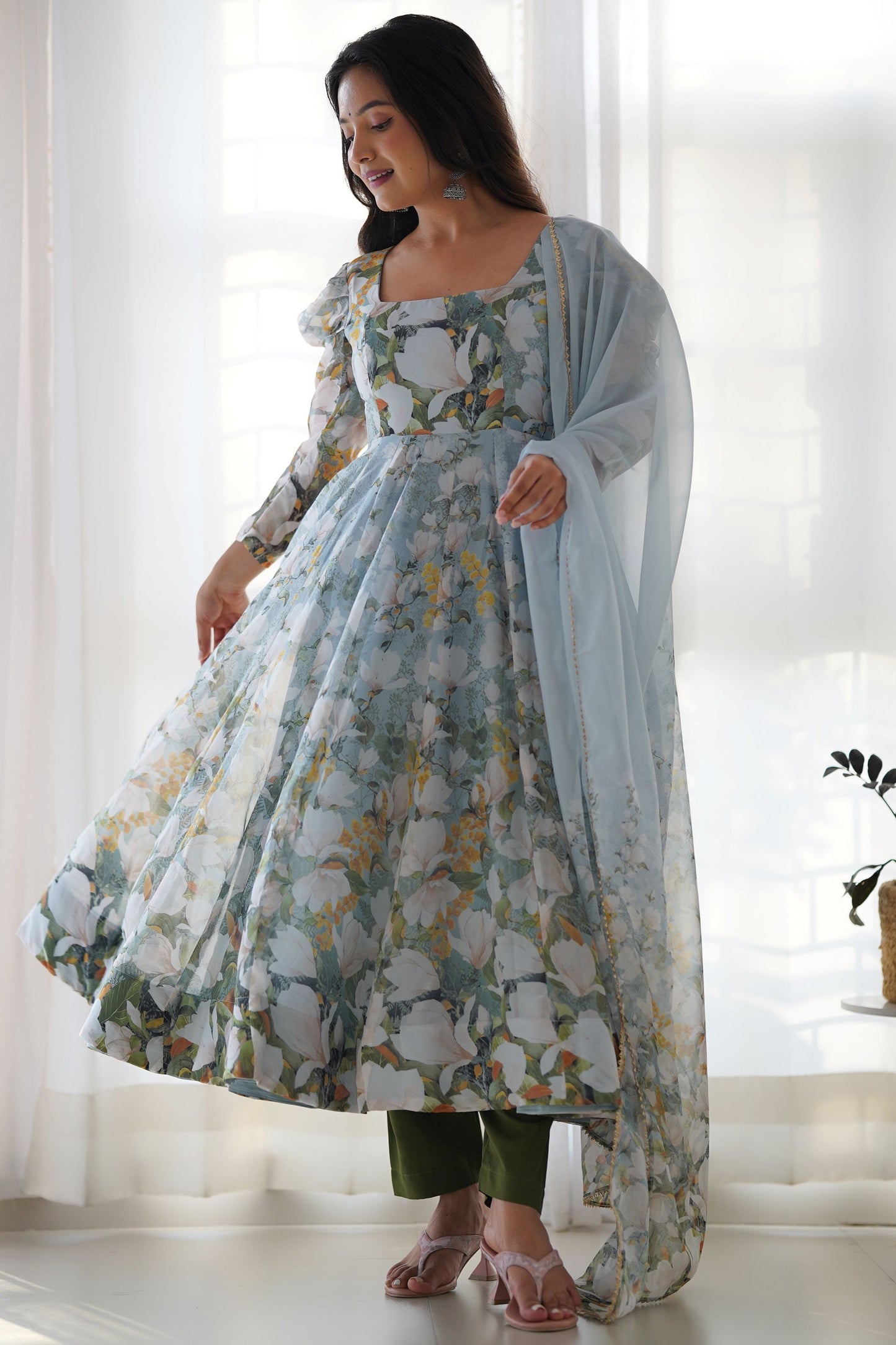 Beautiful Blue Floral Printed Organza Casual Wear Anarkali Suit