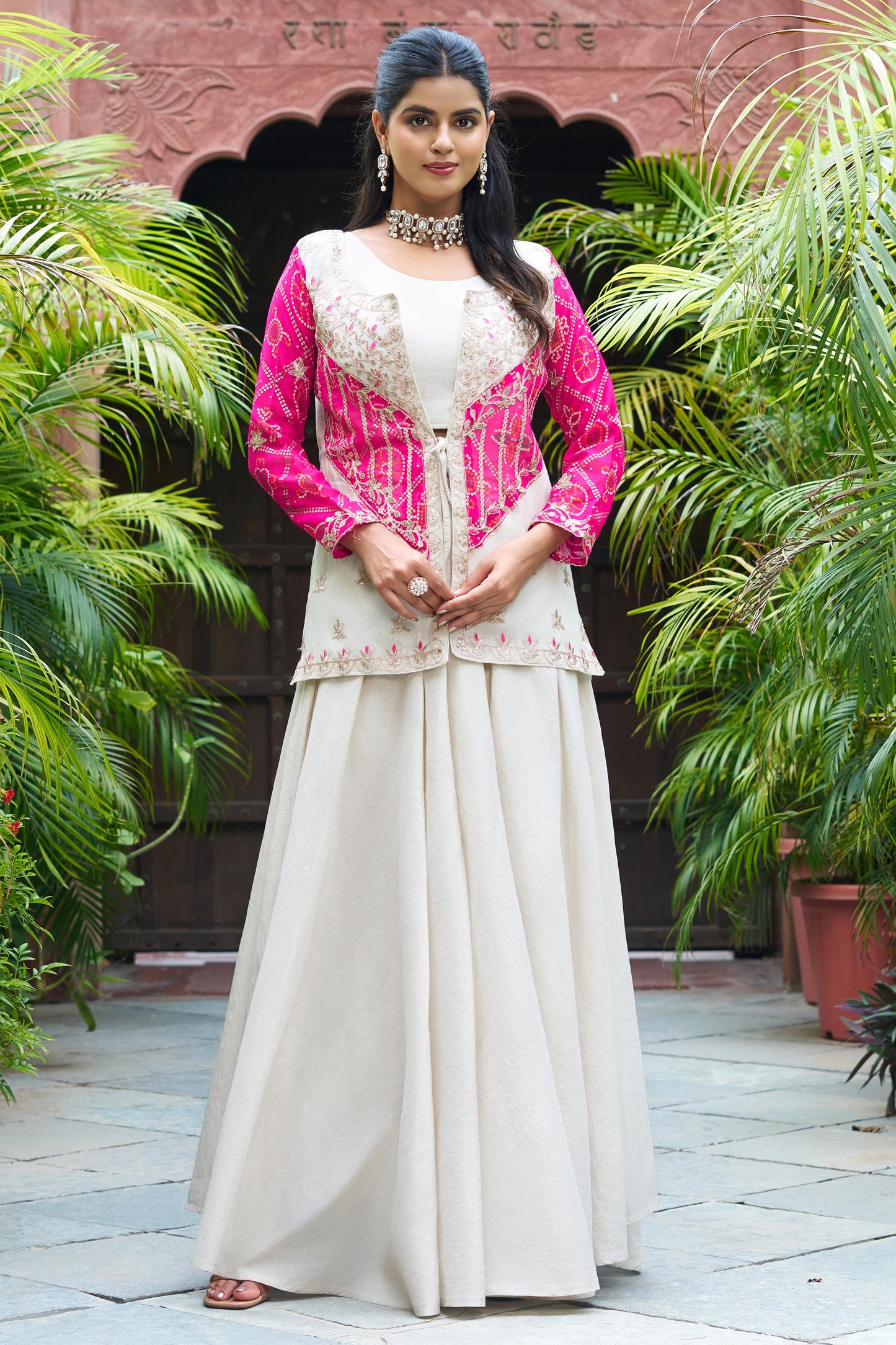Attractive Pink Thread Work Organza Crop Top Palazzo With Jacket