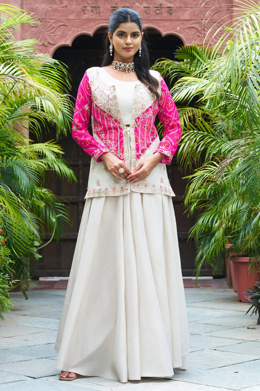 Attractive Pink Thread Work Organza Crop Top Palazzo With Jacket