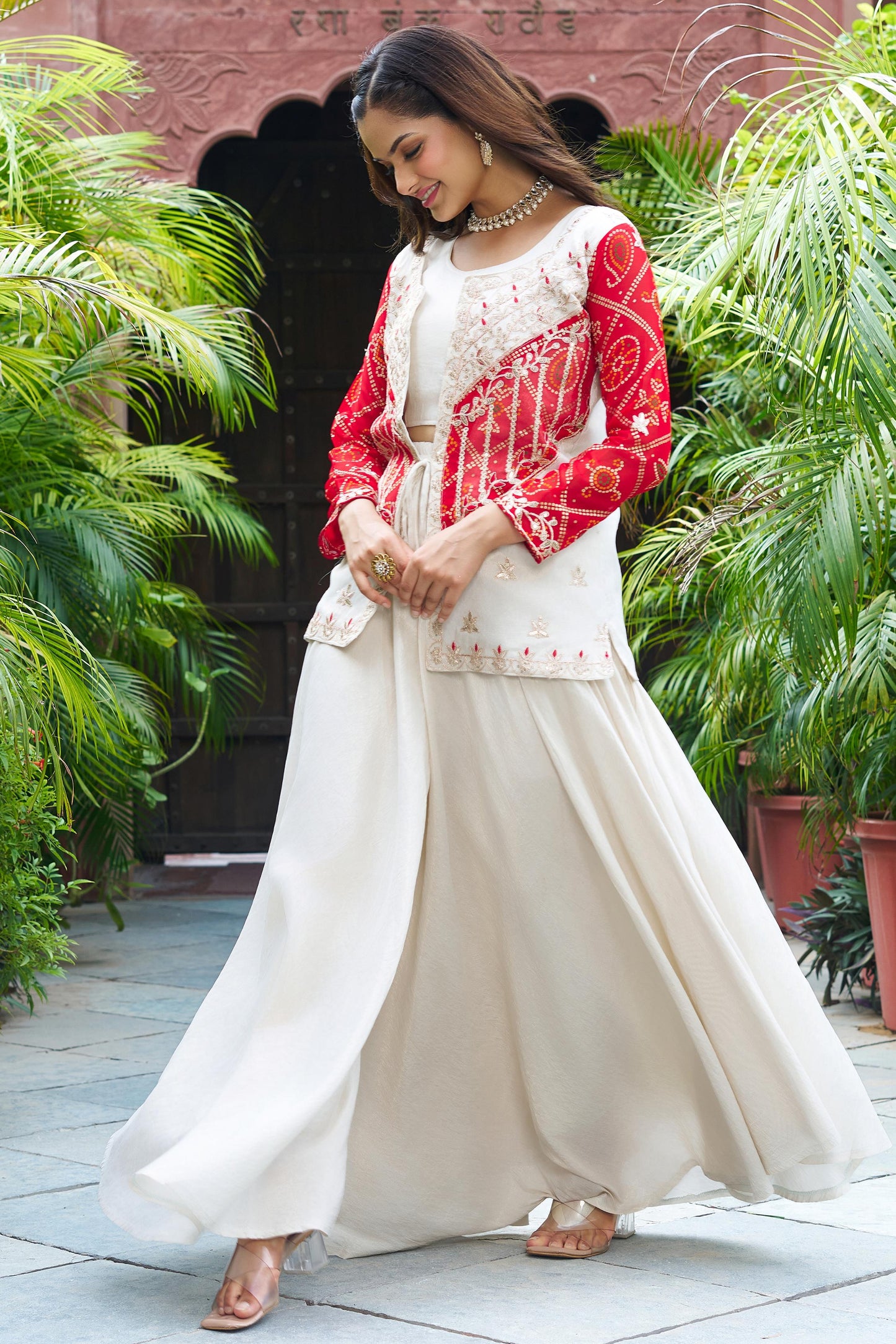 Charming Red Bandhani Printed Organza Crop Top Palazzo With Jacket