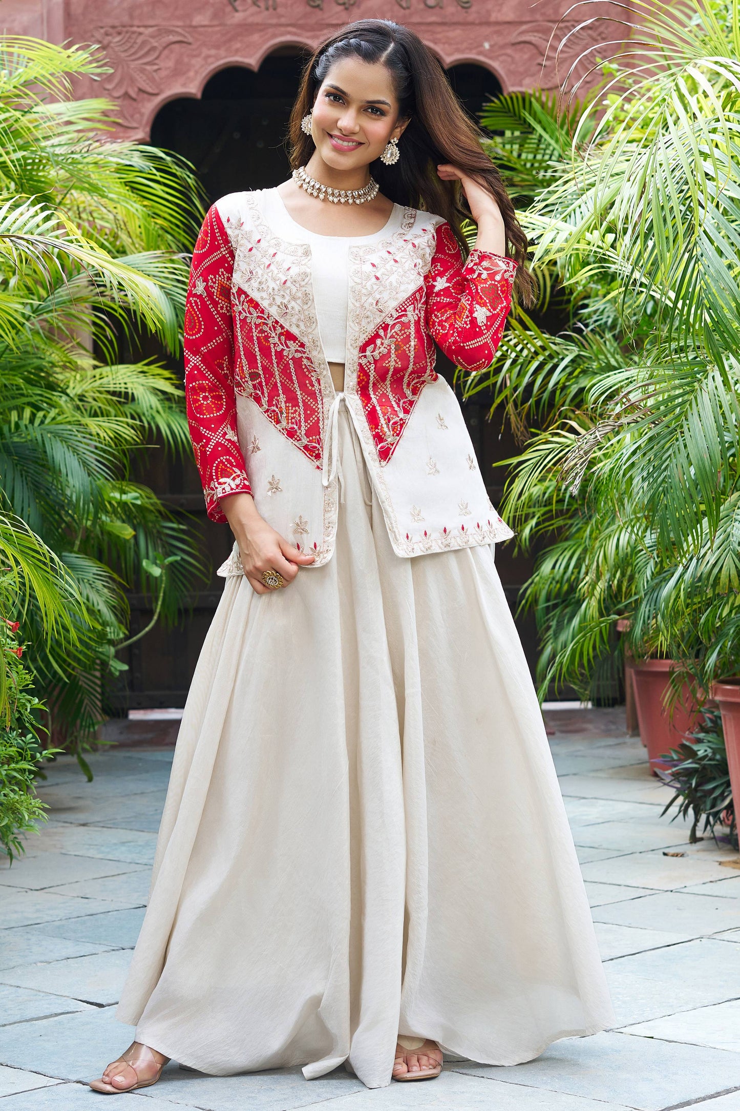 Charming Red Bandhani Printed Organza Crop Top Palazzo With Jacket