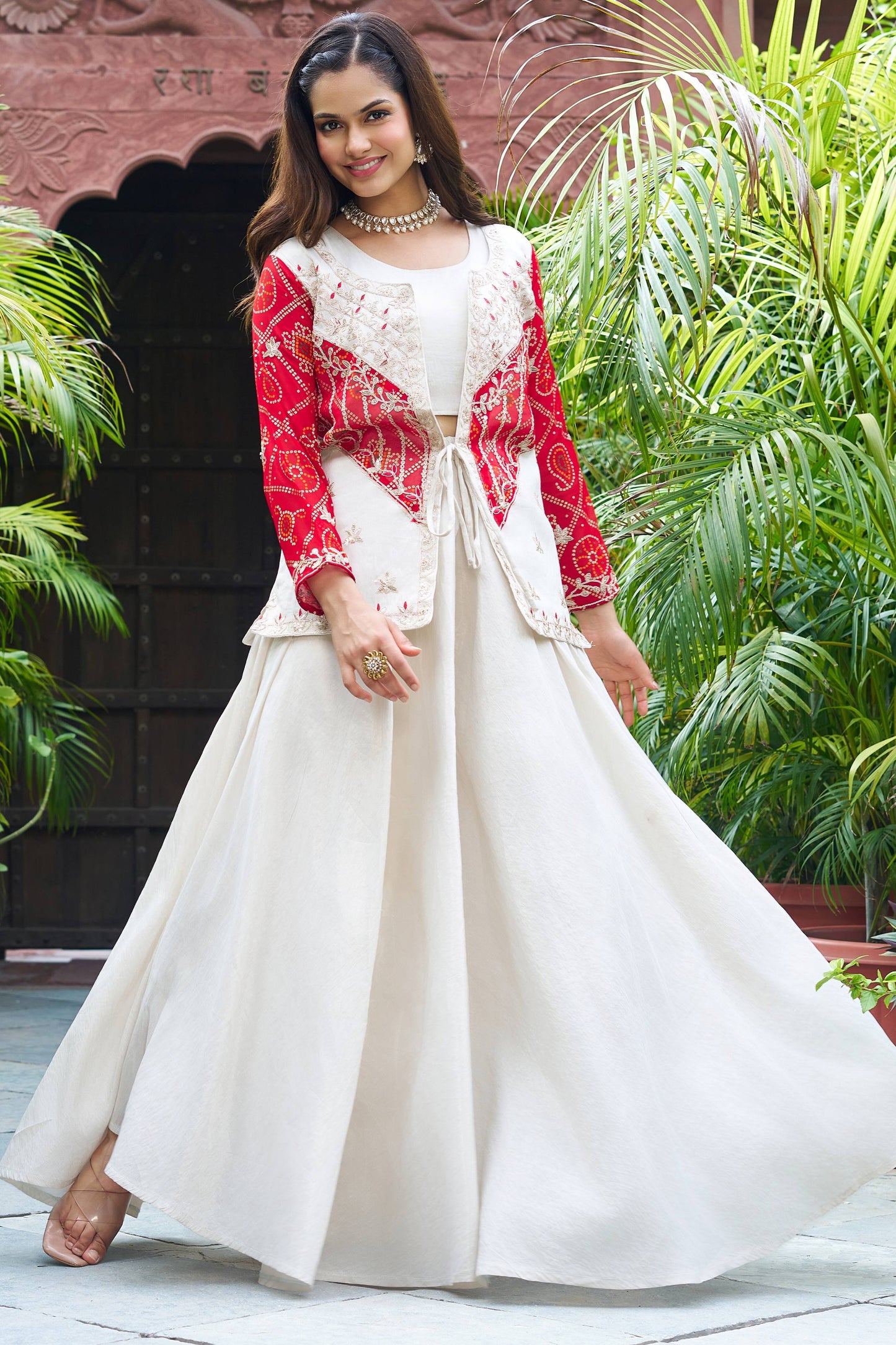 Charming Red Bandhani Printed Organza Crop Top Palazzo With Jacket