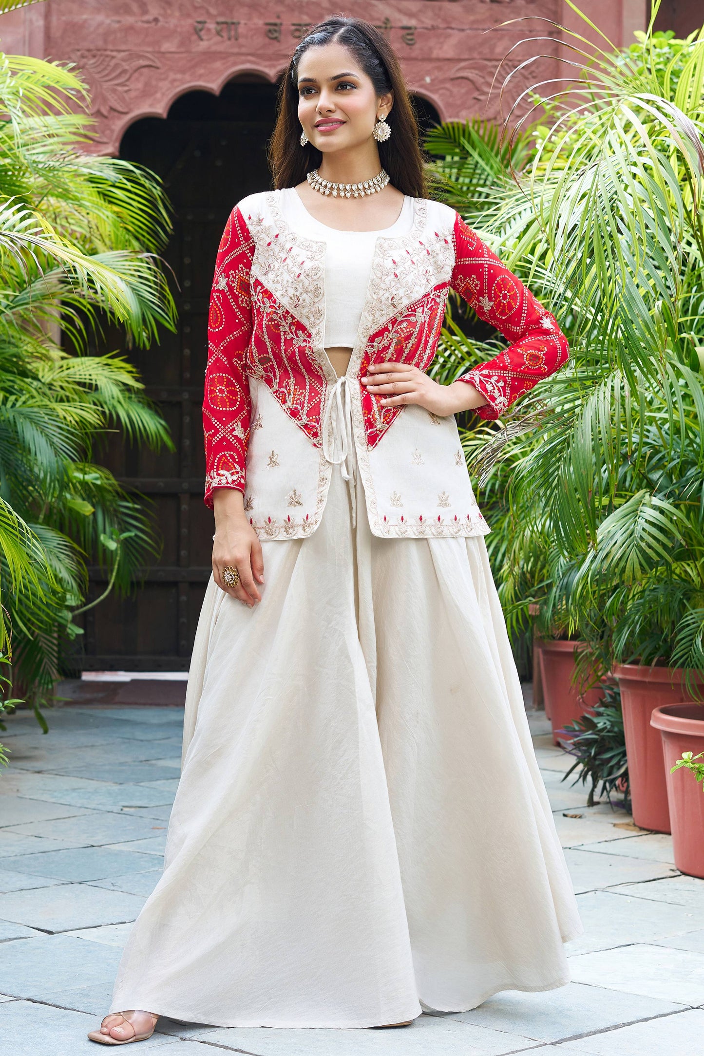 Charming Red Bandhani Printed Organza Crop Top Palazzo With Jacket