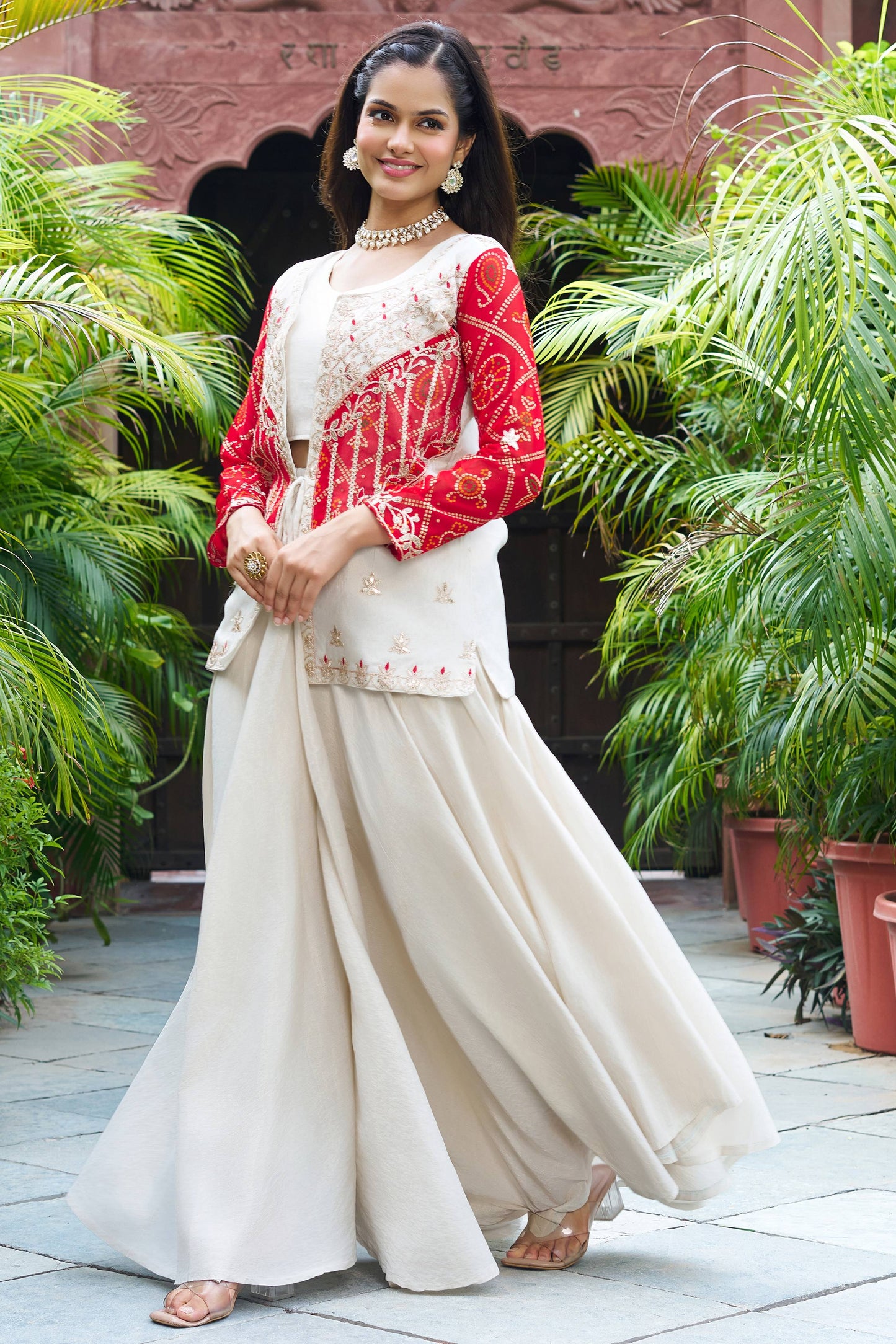 Charming Red Bandhani Printed Organza Crop Top Palazzo With Jacket