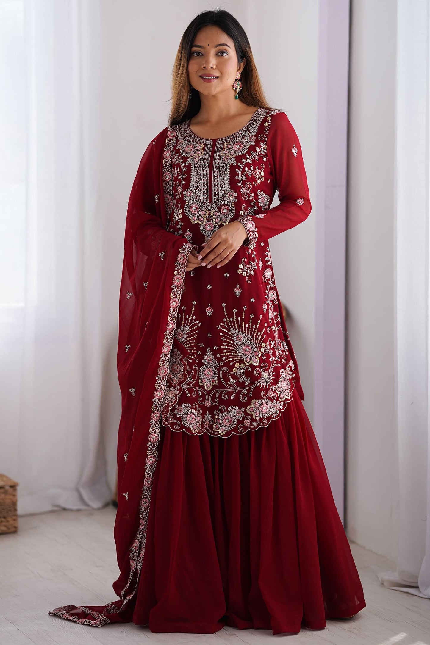 Fabulous Red Sequins Georgette Festive Wear Sharara Suit With Dupatta