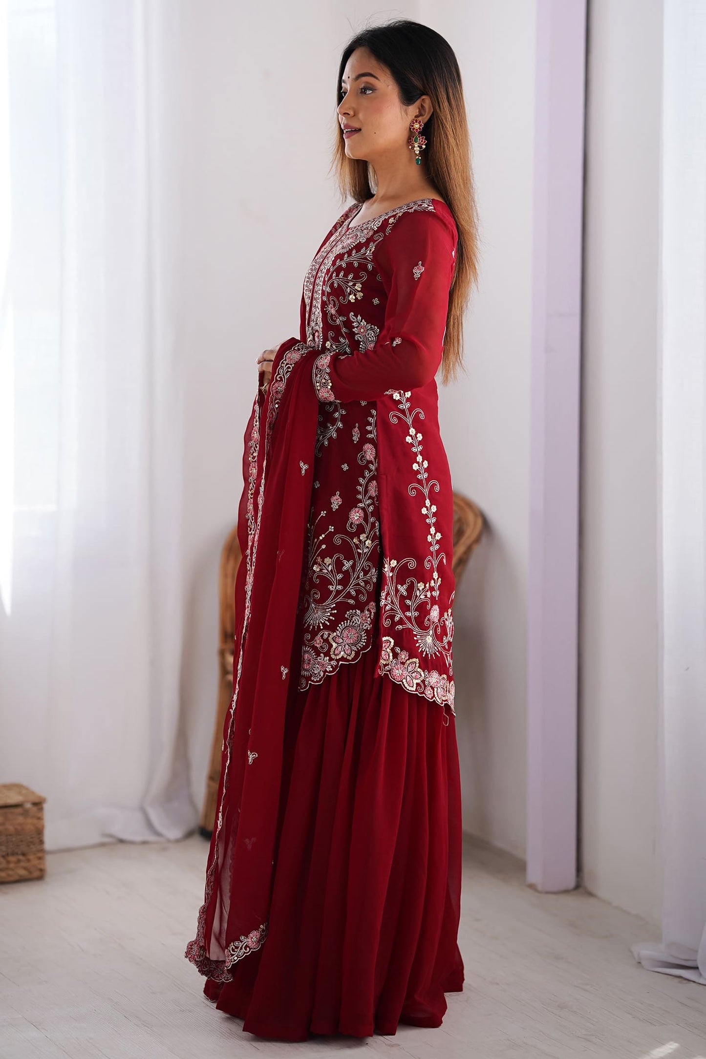 Fabulous Red Sequins Georgette Festive Wear Sharara Suit With Dupatta