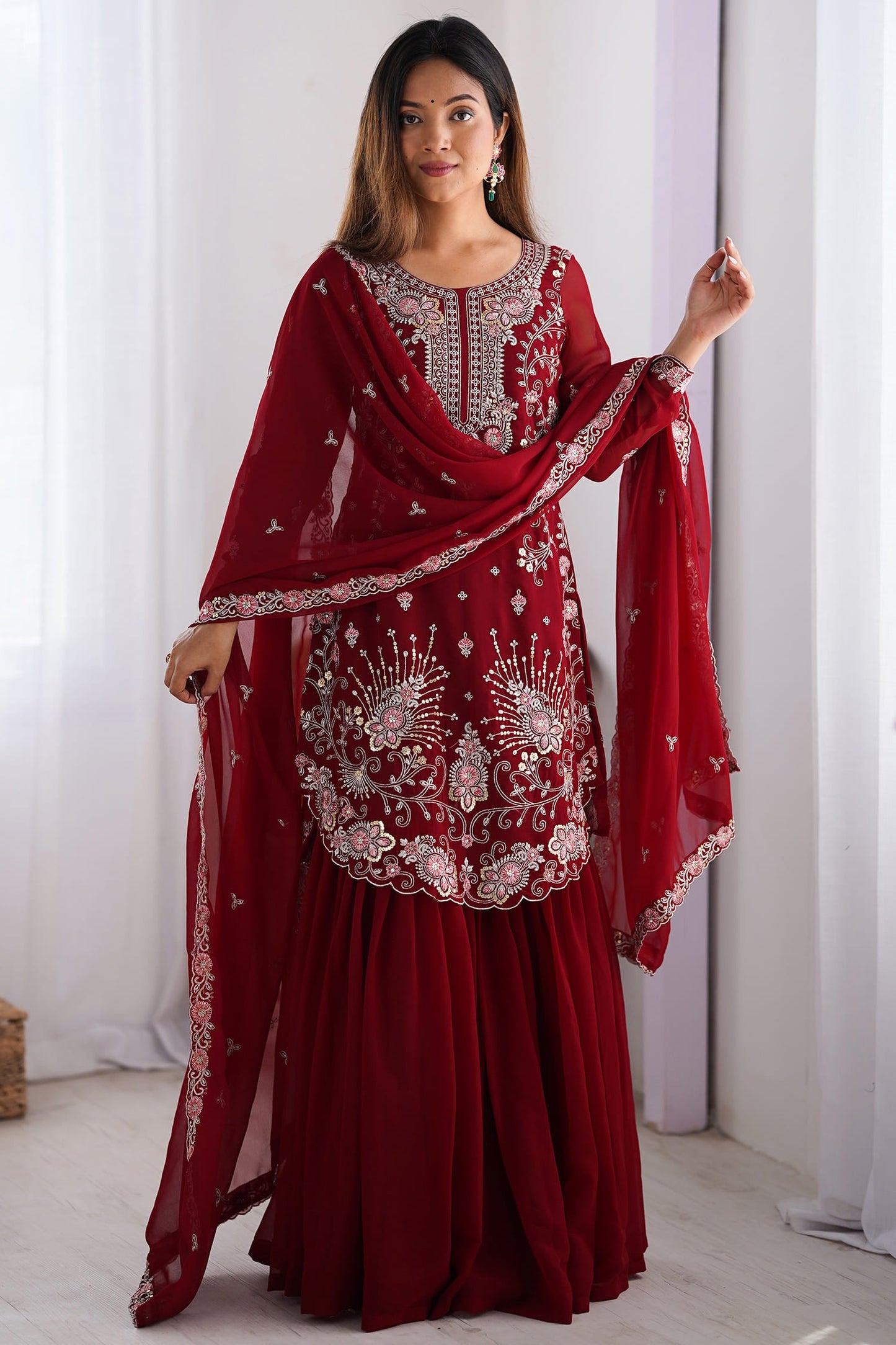 Fabulous Red Sequins Georgette Festive Wear Sharara Suit With Dupatta